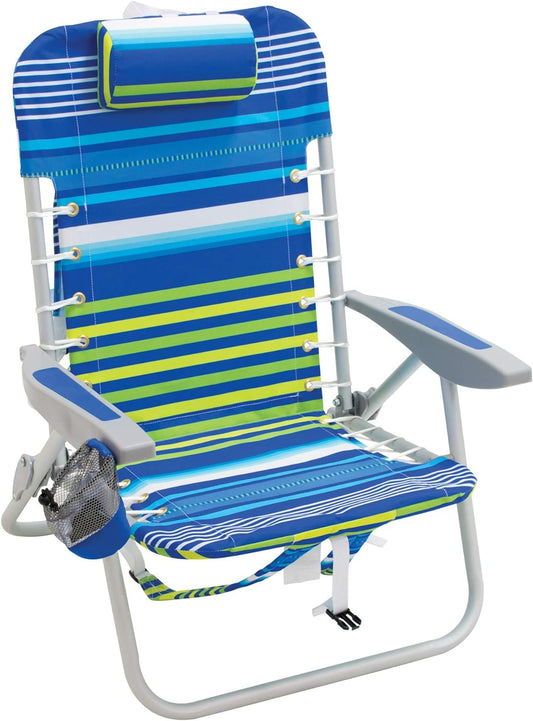 NEW - Rio Brands Beach 4-PRio Beach 4-Position Backpack Lace-Up Suspension Folding Beach Chair - Blue/Green Stripe , 24" x 24.75" x 33" - Retail $57