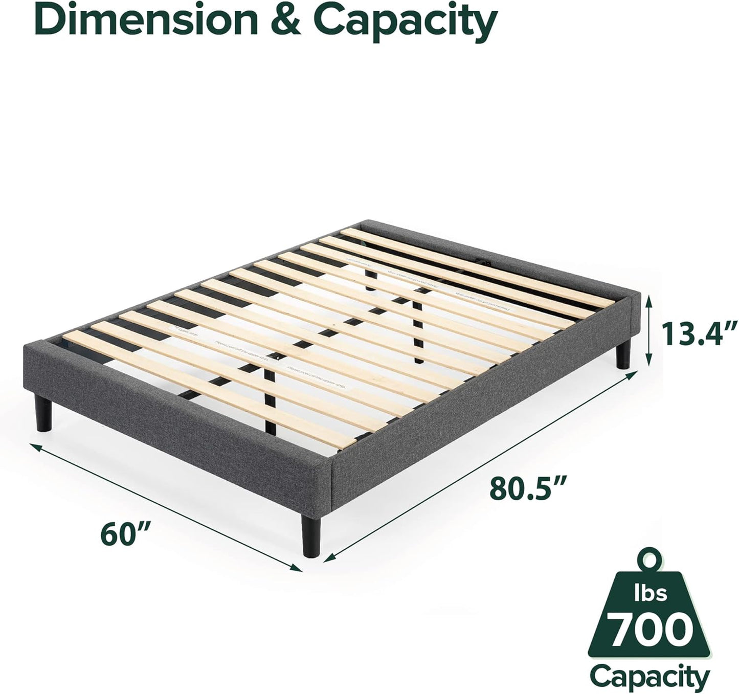 ZINUS QUEEN Curtis Upholstered Platform Bed Frame, Mattress Foundation, Wood Slat Support, No Box Spring Needed, Easy Assembly, Grey