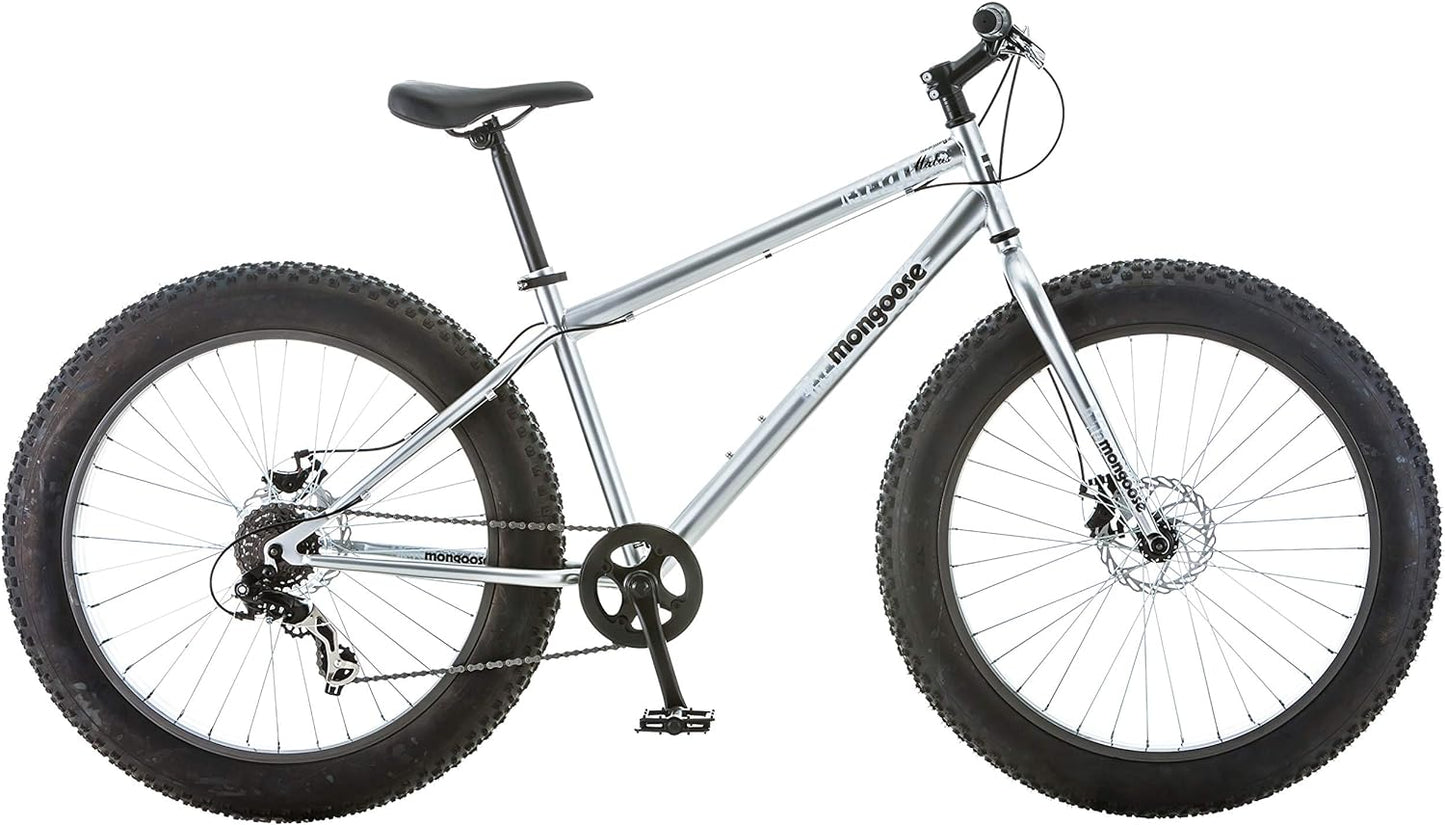 NEW - Mongoose Malus Mens and Womens Fat Tire Mountain Bike, 26-Inch Bicycle Wheels, 4-Inch Wide Knobby Tires, Steel Frame, 7 Speed Drivetrain Bicycle, Shimano Rear Derailleur, Disc Brakes, Silver/Black - Retail $412