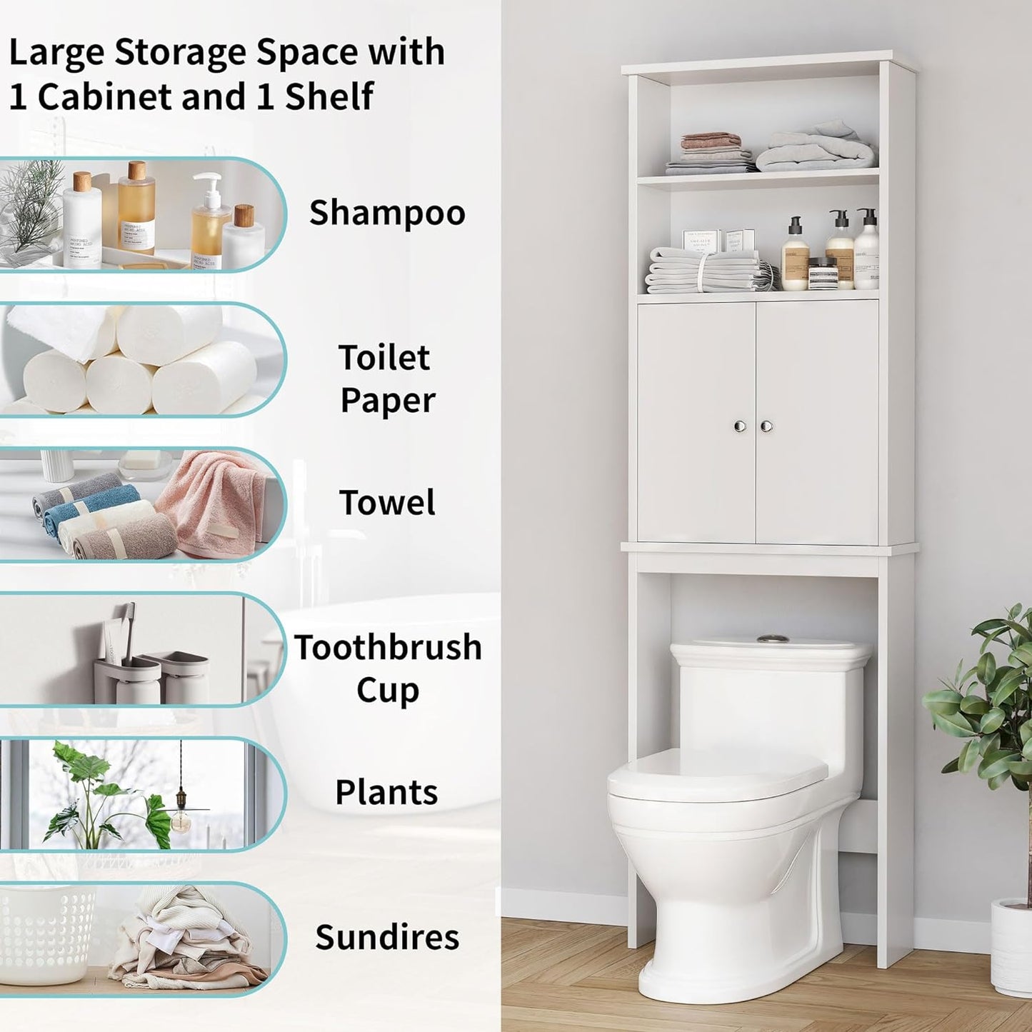 Shintenchi Over The Toilet Storage Cabinet, Bathroom Above The Toilet Rack, Bathroom Adjustable Shelf Organizer with Open Bottom Bar and Anti-Tip Device, White - Retail $81