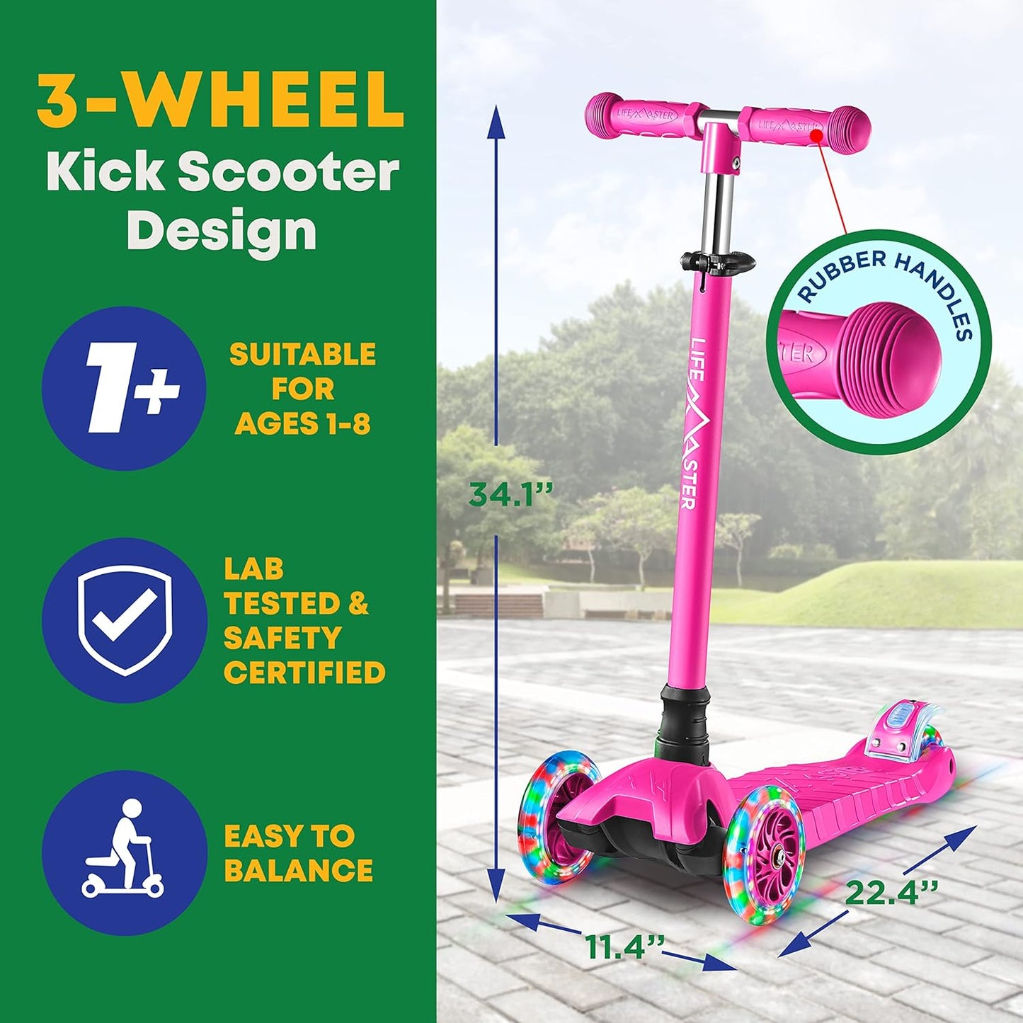 NEW - Kids Scooter Pink – Children and Toddler 3 Wheel Kick Scooter – LED Wheel Lights Illuminate When Rolling Lifemaster - Retail $32