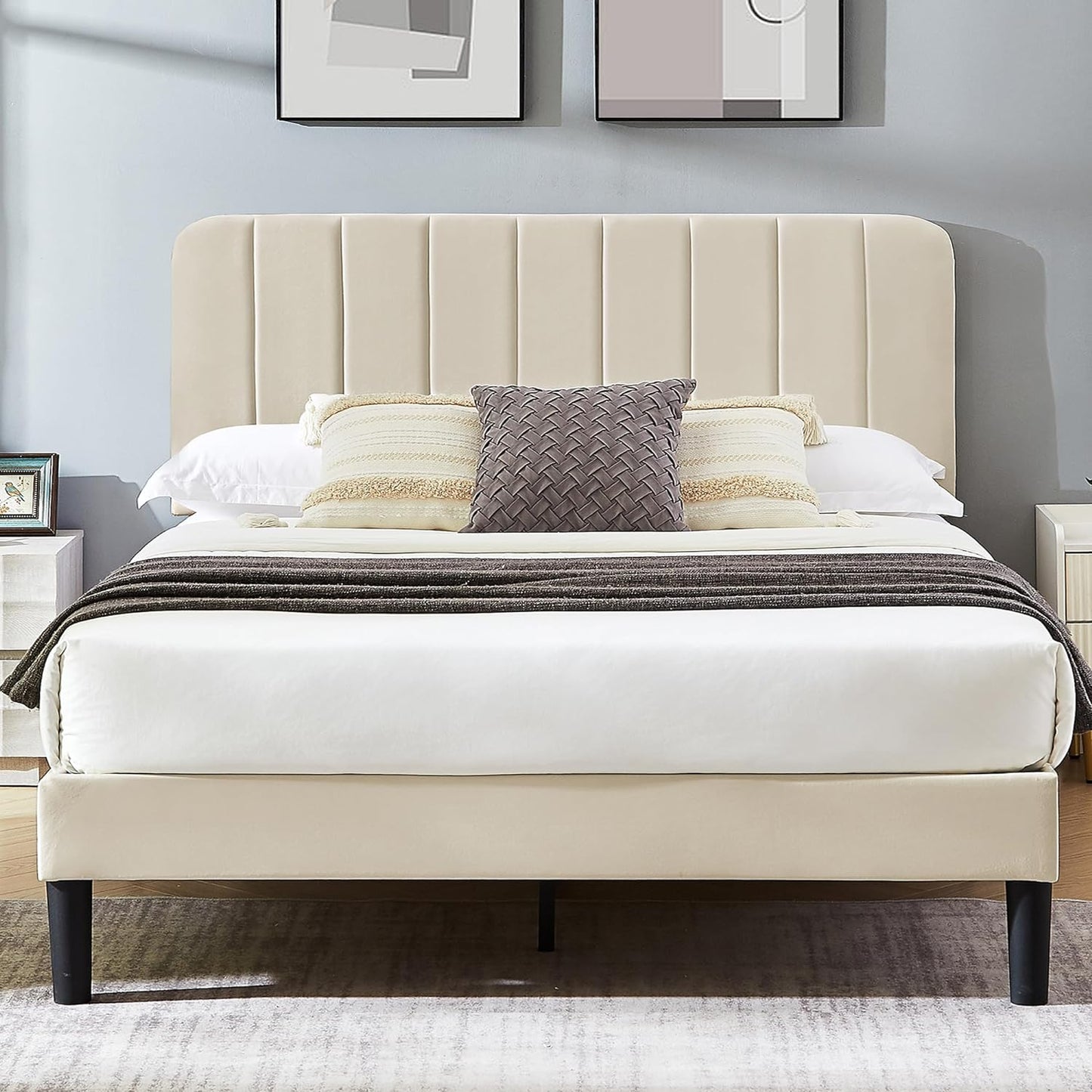 NEW - VECELO Queen Size Upholstered Bed Frame with Adjustable Headboard, Velvet Platform Bedframe Mattress Foundation, Strong Wood Slat Support, No Box Spring Needed, Beige - Retail $178