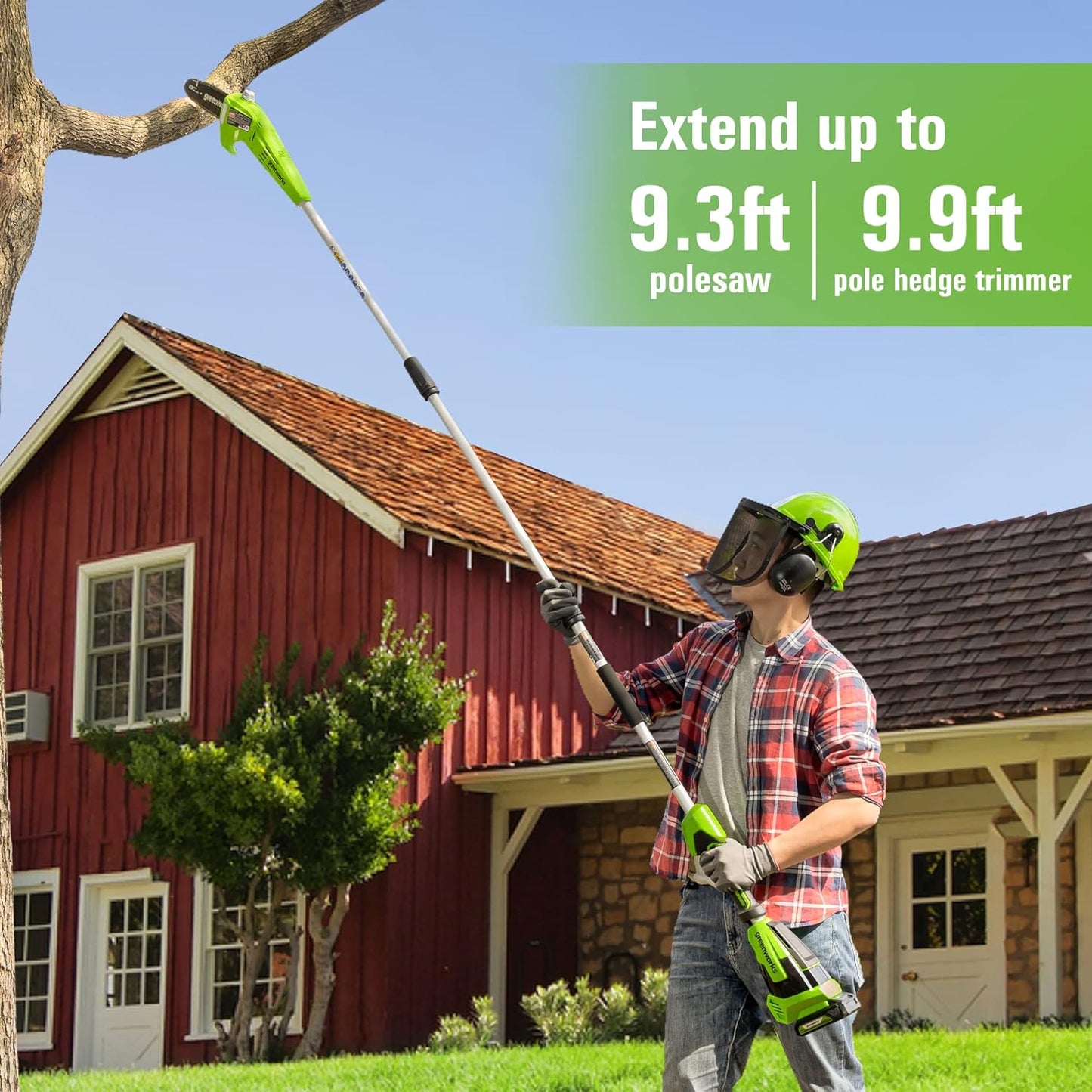 Greenworks 24V 8"  Polesaw + 20" Pole Hedge Trimmer Combo, Battery and Charger - Retail $199