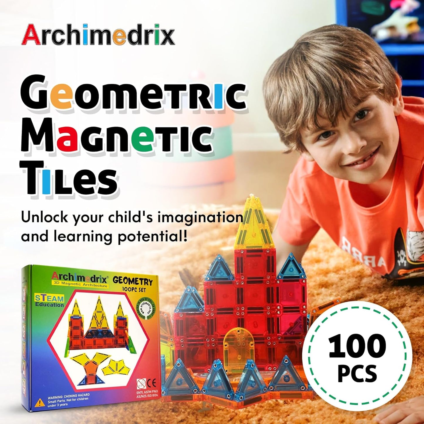 Geometry Magnetic Tiles Building Blocks, Lightweight Magnetic Shapes for Kids, Phthalate and Lead-Free Magnetic Building Tiles for Kids, Durable Magnetic Blocks, 100 Pieces