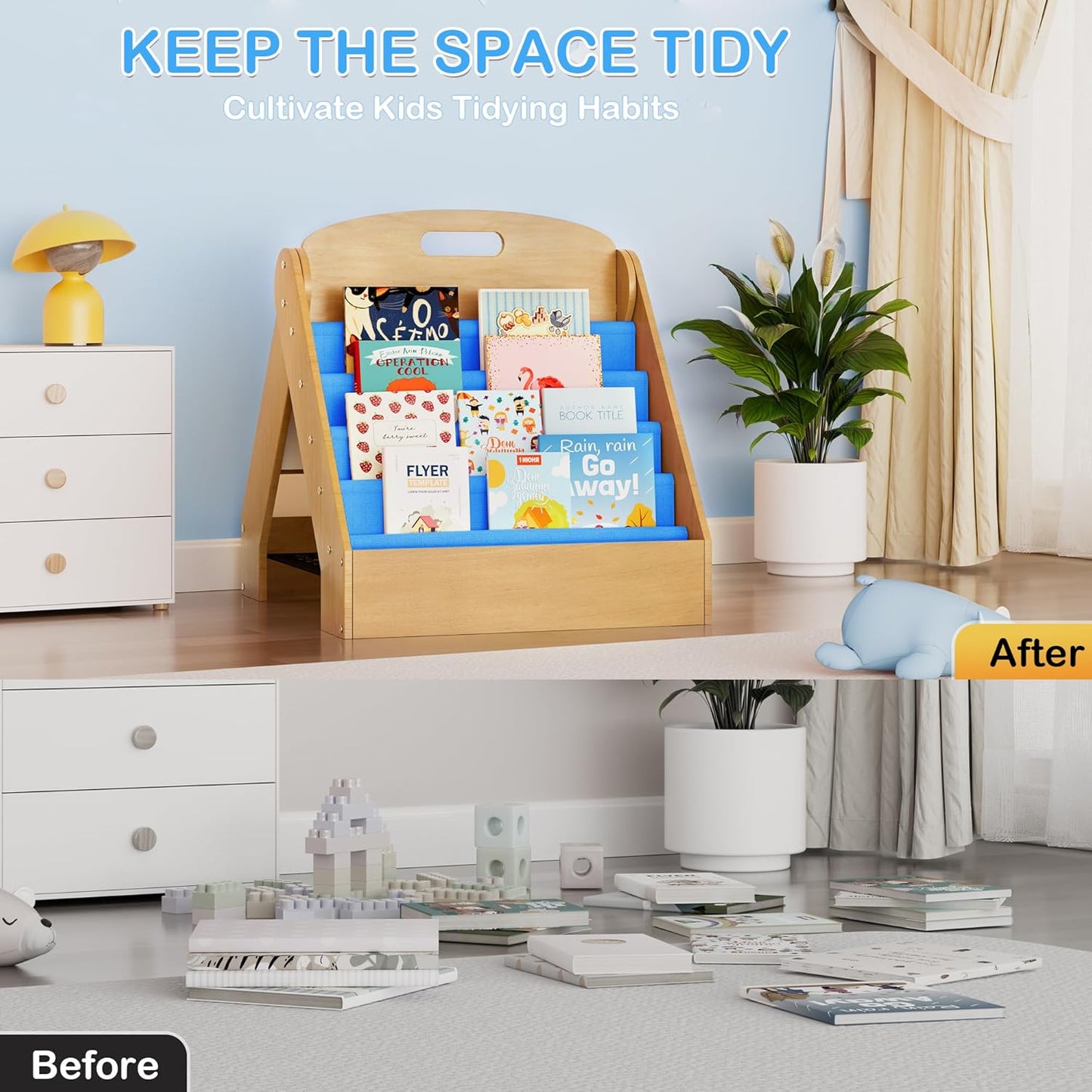 ZIFTY Kids Bookshelf 2-in-1 Design Book Organizer and Easel for Kids, Montessori Book Shelf for Kids Rooms, 4 Tier Bookcase for Age 3+ Girl Boy´s Bedroom Decor, Storage for Small Toys, Blue