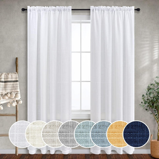 Mrs.Naturall White Curtains 60 Inch Wide for Living Room 2 Panels Set Rod Pocket Extra Large Drapes Semi Sheer Linen Room Dividing Curtain for Patio Sliding Glass Door Family Room Apartment 60x96 Long