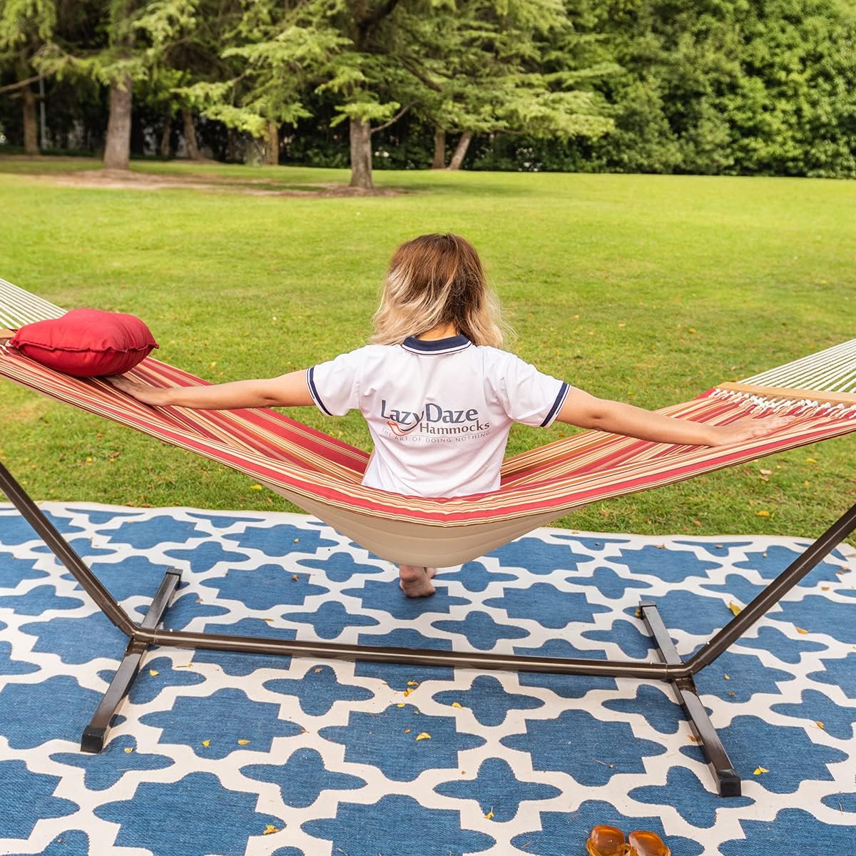 NEW - Lazy Daze Quilted Fabric Hammock with 12-Foot Stand, Double 2-Person Hammock with Pillow for Outdoor Outside Patio, Garden, Backyard, 450LB Capacity, Red/Brown Stripe - Retail $135