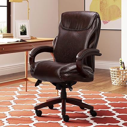 La-Z-Boy Hyland Executive Office Chair with AIR Lumbar Technology, Adjustable High Back Ergonomic Desk Chair with Lumbar Support, Mahogany Wood Finish, Bonded Leather, Brown - Retail $459