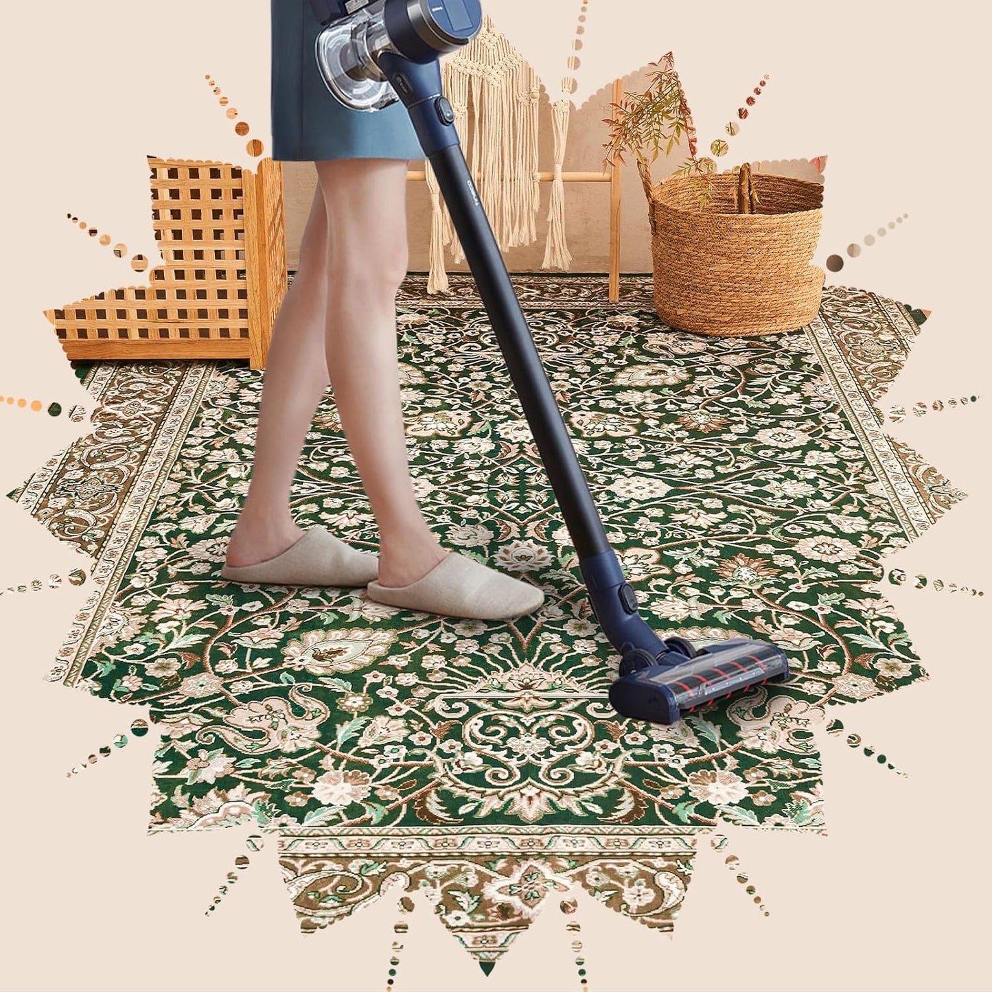 Area Rug 6x9 Washable Living Room Rug, Vintage Soft Boho Non-Slip/Non-Shedding Print Floor Carpet for Dining Room, Bedroom-Cyan
