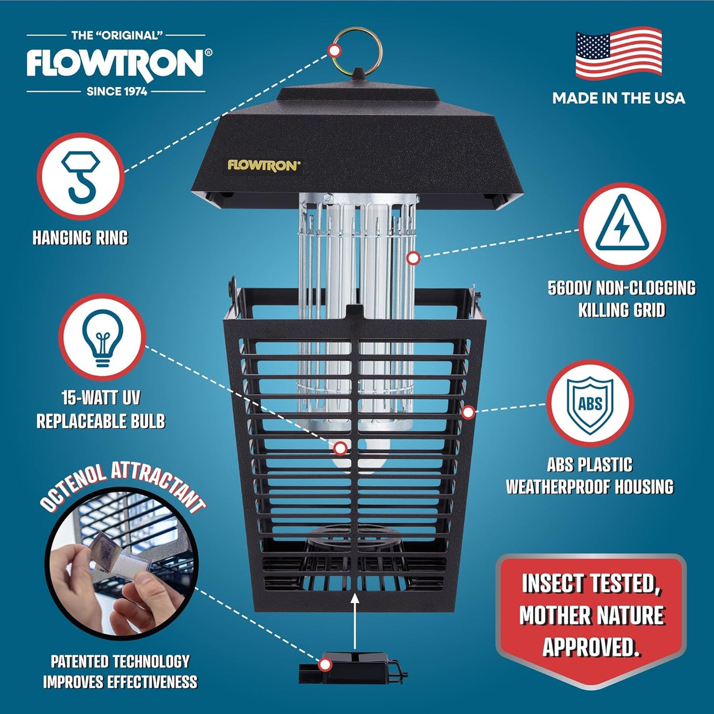 Flowtron Bug Zapper, 1/2 Acre of Outdoor Coverage with Powerful 15W Bulb & 5600V Instant Killing Grid, Electric Insect, Fly & Mosquito Zapper, Made in The USA - Retail $49