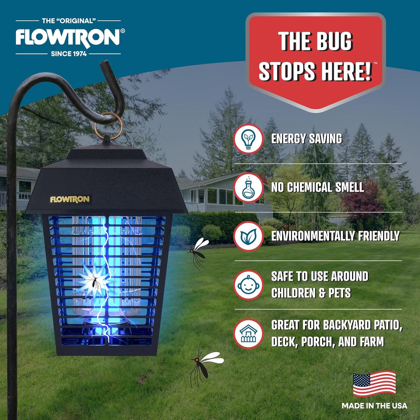 Flowtron Bug Zapper, 1/2 Acre of Outdoor Coverage with Powerful 15W Bulb & 5600V Instant Killing Grid, Electric Insect, Fly & Mosquito Zapper, Made in The USA - Retail $49