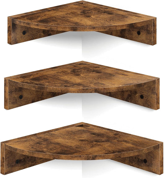 Homode Brown Corner Floating Shelves, Set of 3 Corner Shelves Wall Mounted with Cable Hole