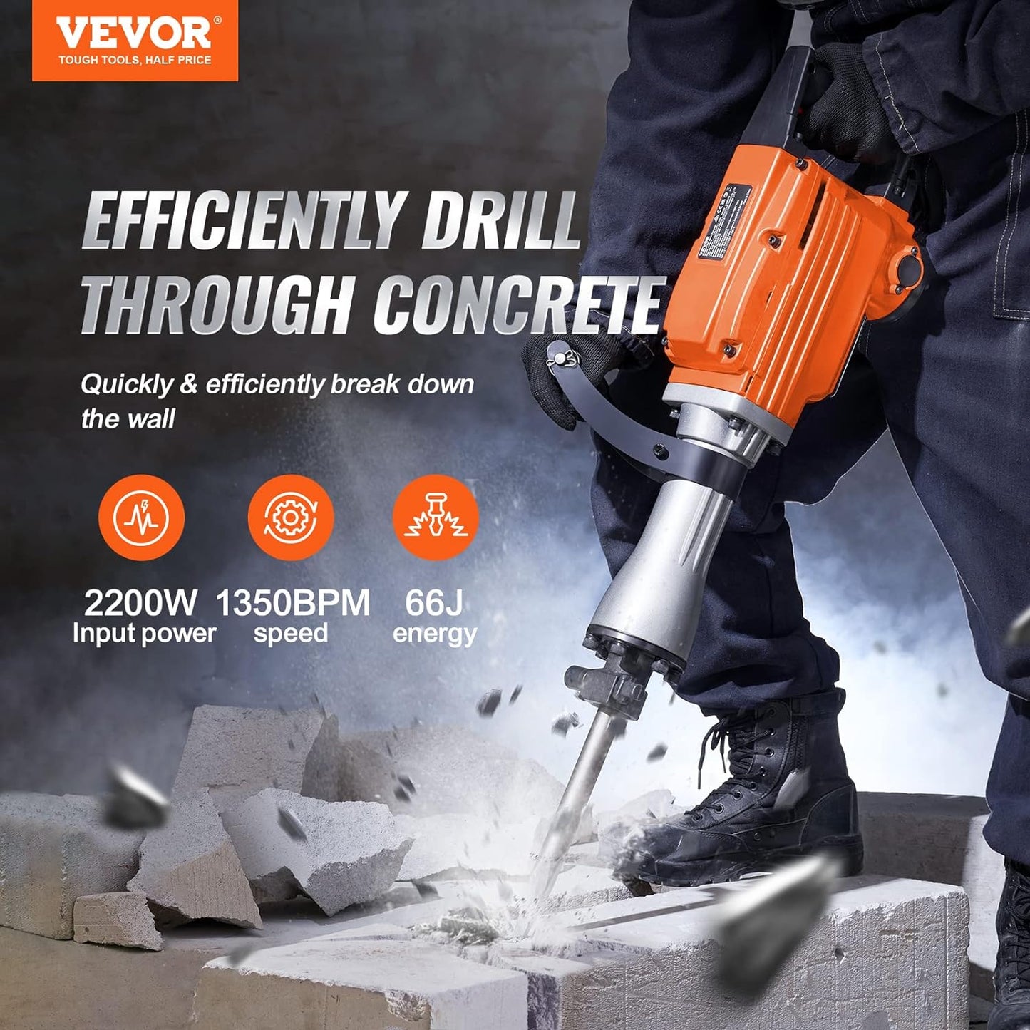 VEVOR Demolition Jack Hammer, 2200W Electric Jackhammer Heavy Duty, 1350 BPM Concrete Breaker 4pcs Chisels Bit Chipping W/Case, Gloves - Retail $142