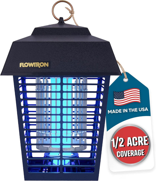 Flowtron Bug Zapper, 1/2 Acre of Outdoor Coverage with Powerful 15W Bulb & 5600V Instant Killing Grid, Electric Insect, Fly & Mosquito Zapper, Made in The USA - Retail $49