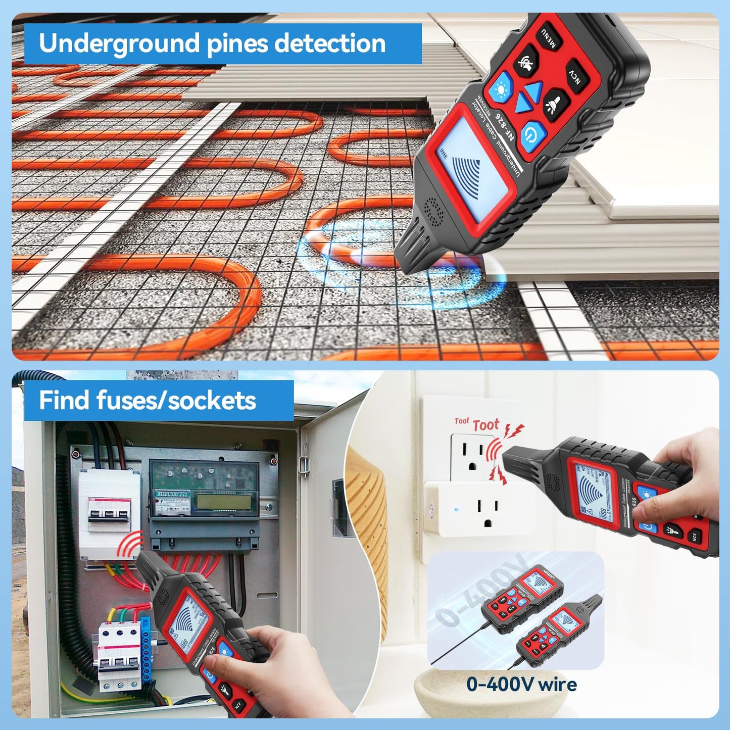 NOYAFA NF-826 Underground Cable Locator Wire Tracker, for Dog Fence Cables Irrigation, Wall and Underground Pipeline Wire Detector