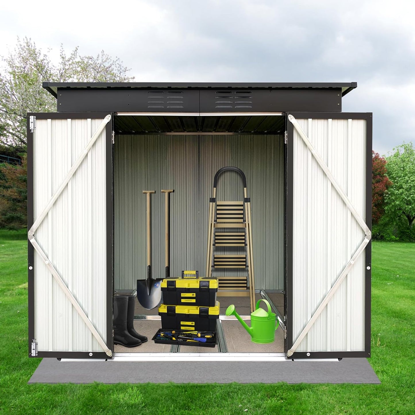 NEW - Zevemomo 6 x 4 ft Outdoor Storage Shed, All Weather Metal Shed with Metal Foundation & 2 Lockable Doors, Tool Sheds for Garden, Patio, Lawn, Black - Retail $200