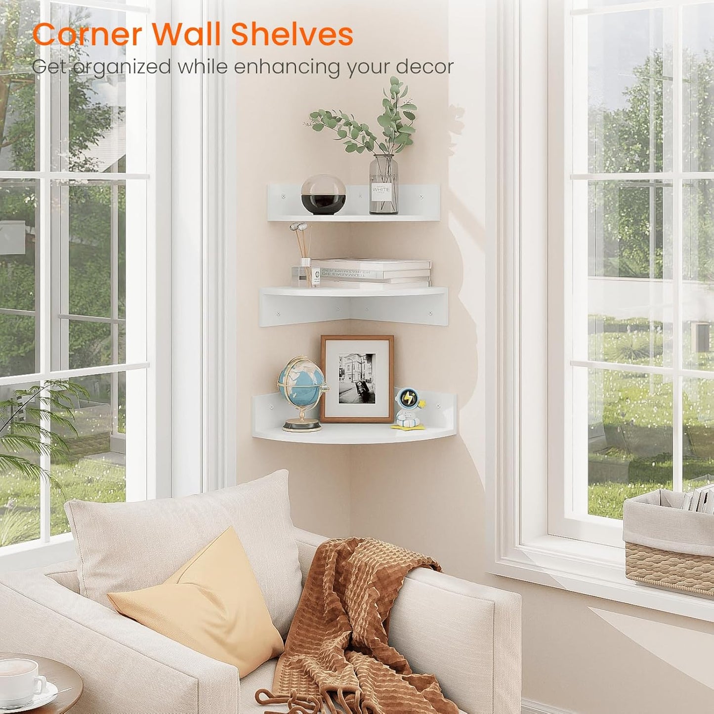 Homode White Floating Corner Shelves, Set of 3 Wood Corner Wall Shelves with Wire Hole, 12 Inch Deep