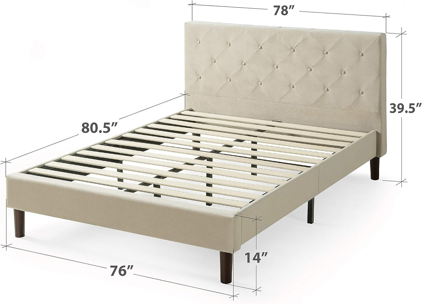 NEW - ZINUS KING Shalini Upholstered Platform Bed Frame / Mattress Foundation / Wood Slat Support / No Box Spring Needed / Easy Assembly, Beige, King - Retail $361