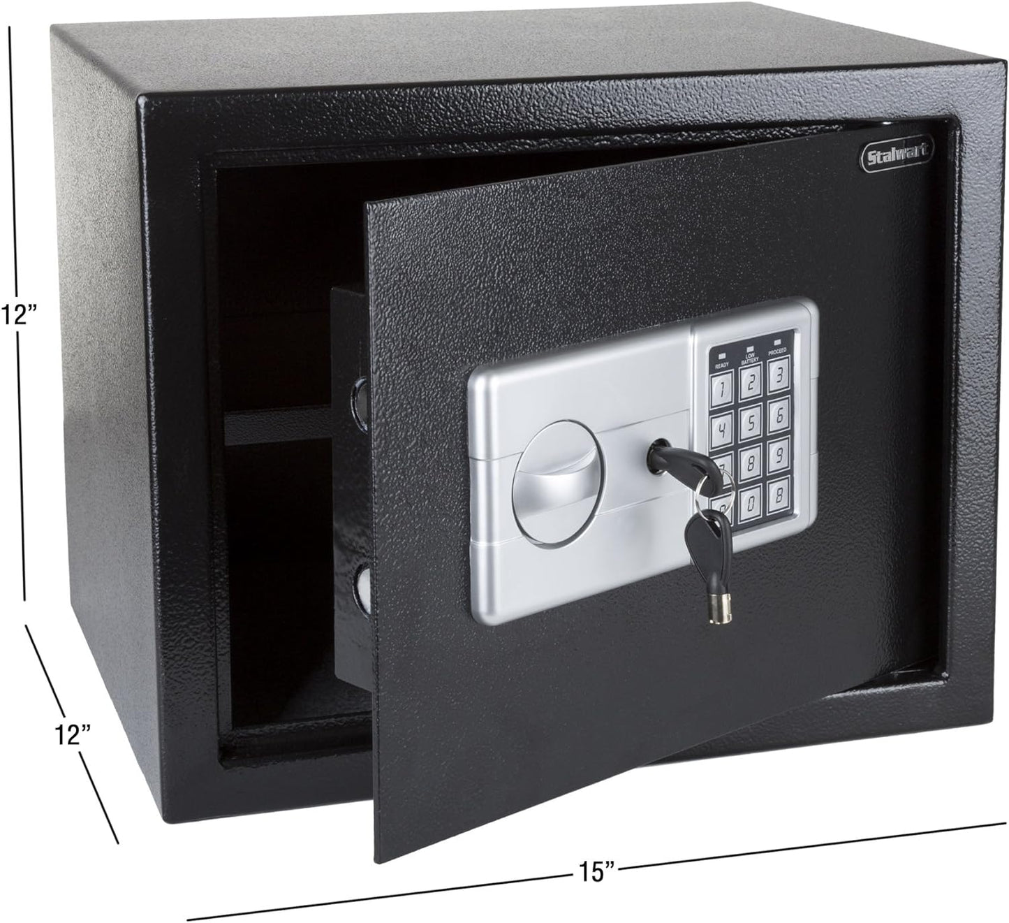 NEW - Digital Safe - Compact Steel Money Security Box with Electronic Keypad and 2 Manual Override Keys - Large Strongbox for Valuables by Stalwart (Black) 17.9 in x 15.4 in x 15.2 in - Retail $89