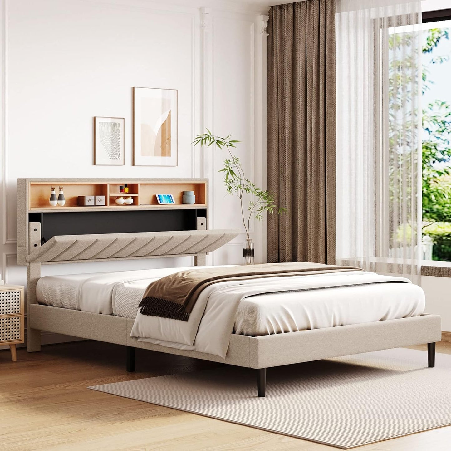 Queen Bed Frame,Platform Bed with Storage Headboard and Power Outlets, USB Ports Charging Station, Sturdy and No Noise, No Box Spring Needed, Linen Fabric Upholstered Bed (Beige) - Retail $270