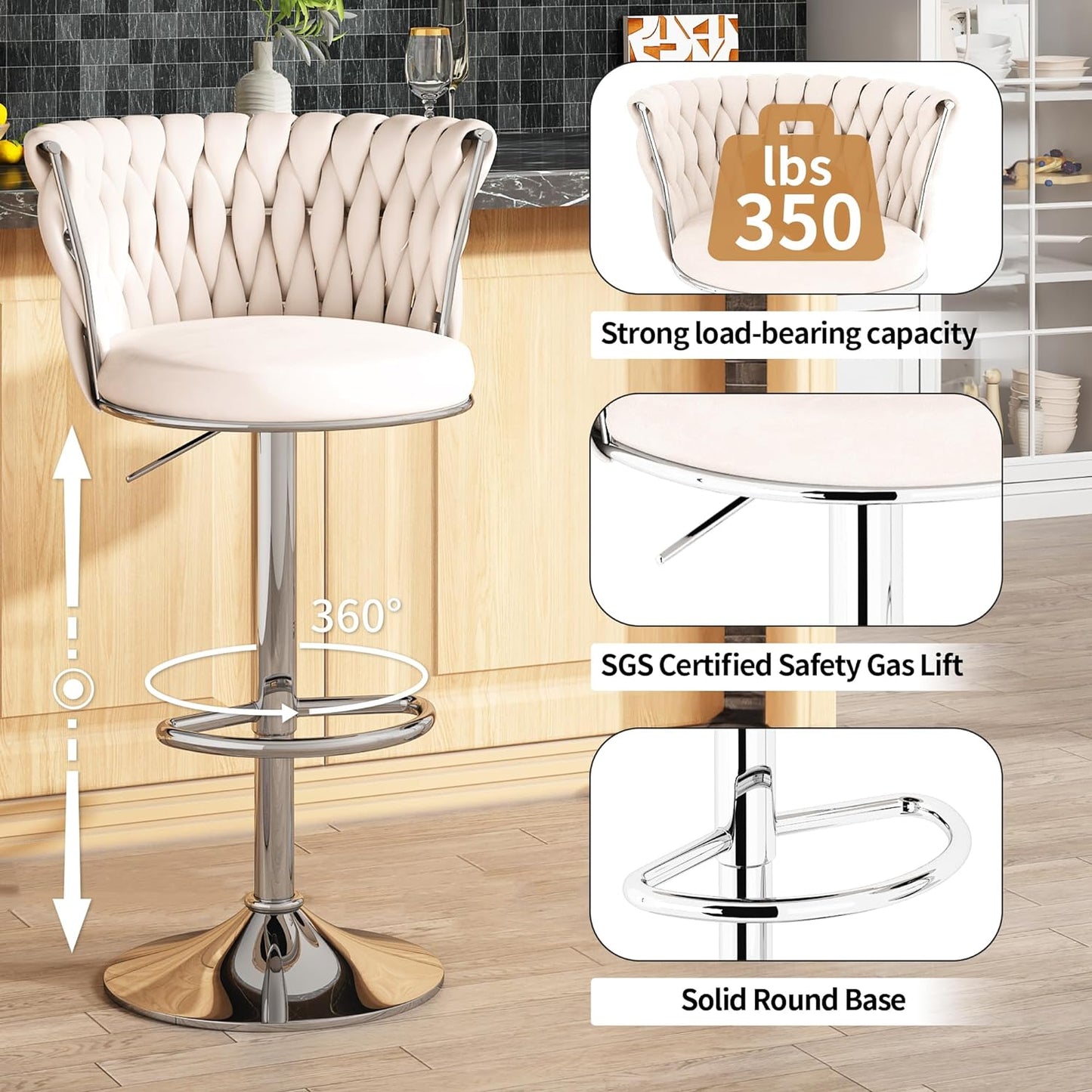 NEW - AWQM Velvet Bar Stool Set of 2, Counter Height Barstools Adjustable Kitchen Island Chairs,Swivel Bar Stools Upholstered Bar Chairs Counter Stool Armless Chairs with Back & Footrest, Beige - Retail $129