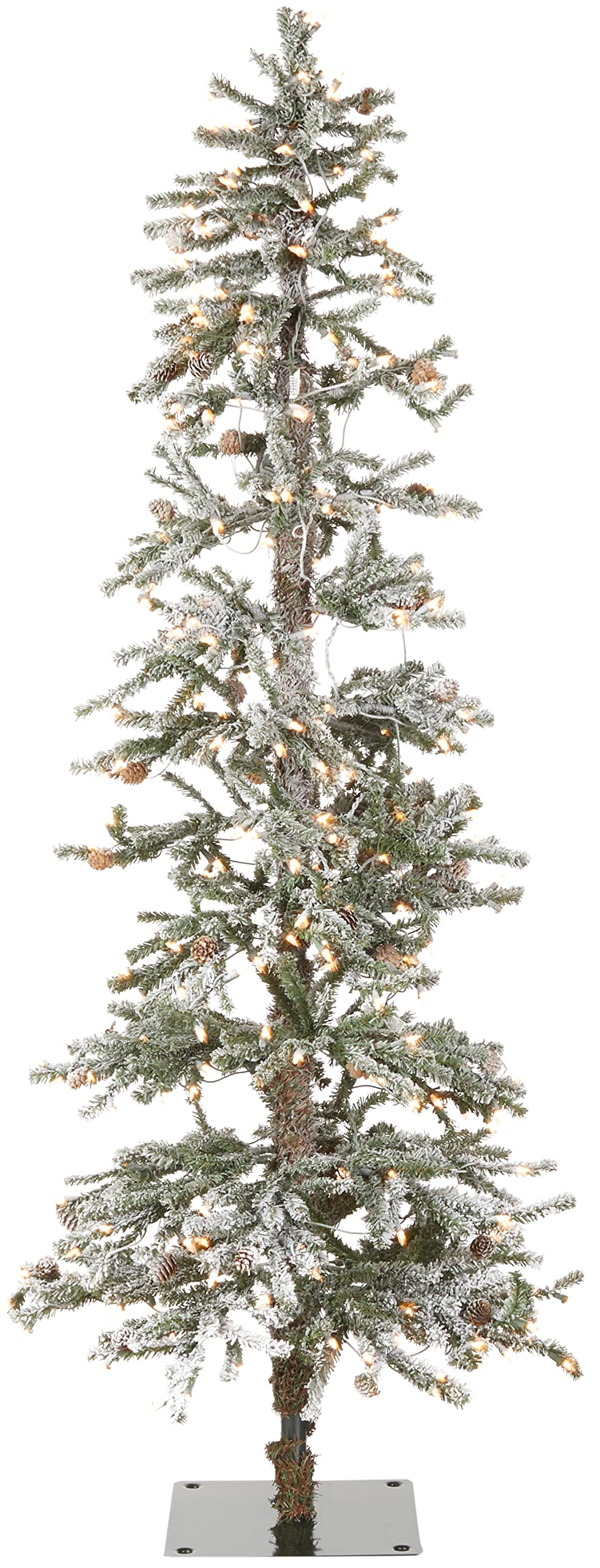 NEW - HGTV Home Collection Pre-Lit Snowy Quinn Valley Ultra Slim Snowy Pinecone Tree, Green, with Clear Incandescent Lights, Plug in, 6ft - Retail $237