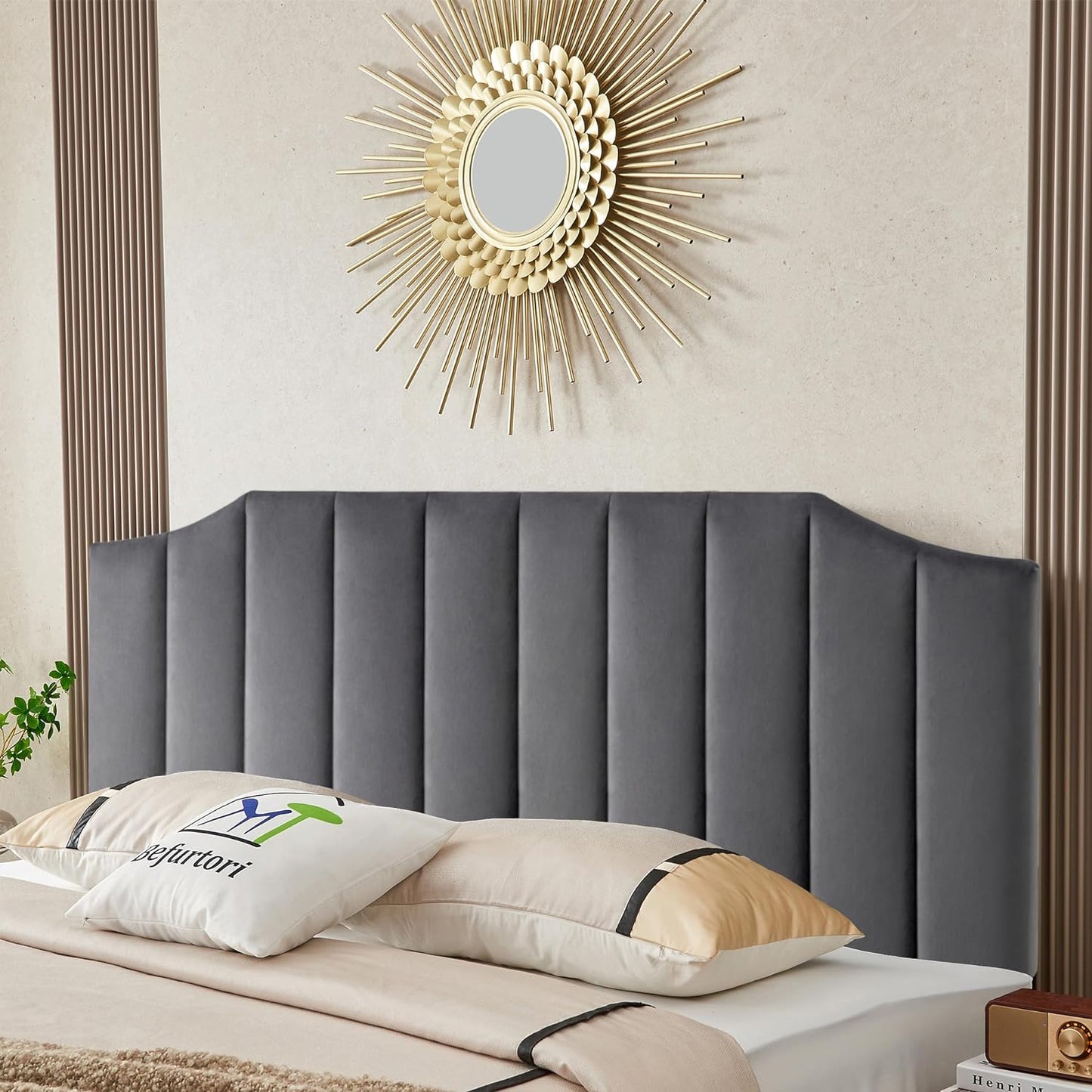 NEW - Befurtori KING/CAL KING Velvet Upholstered Headboard, Tufted Headboard for King/Cal King Bed, Modern Vertical Channel Design with Curved Tufted Solid Wood Head Board and Luxury Soft Padded, Dark Gray - Retail $160