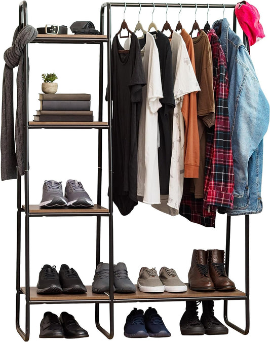 NEW - IRIS Metal Garment Rack with Wood Shelves, Black and Dark Brown, PI-B3 - Retail $100