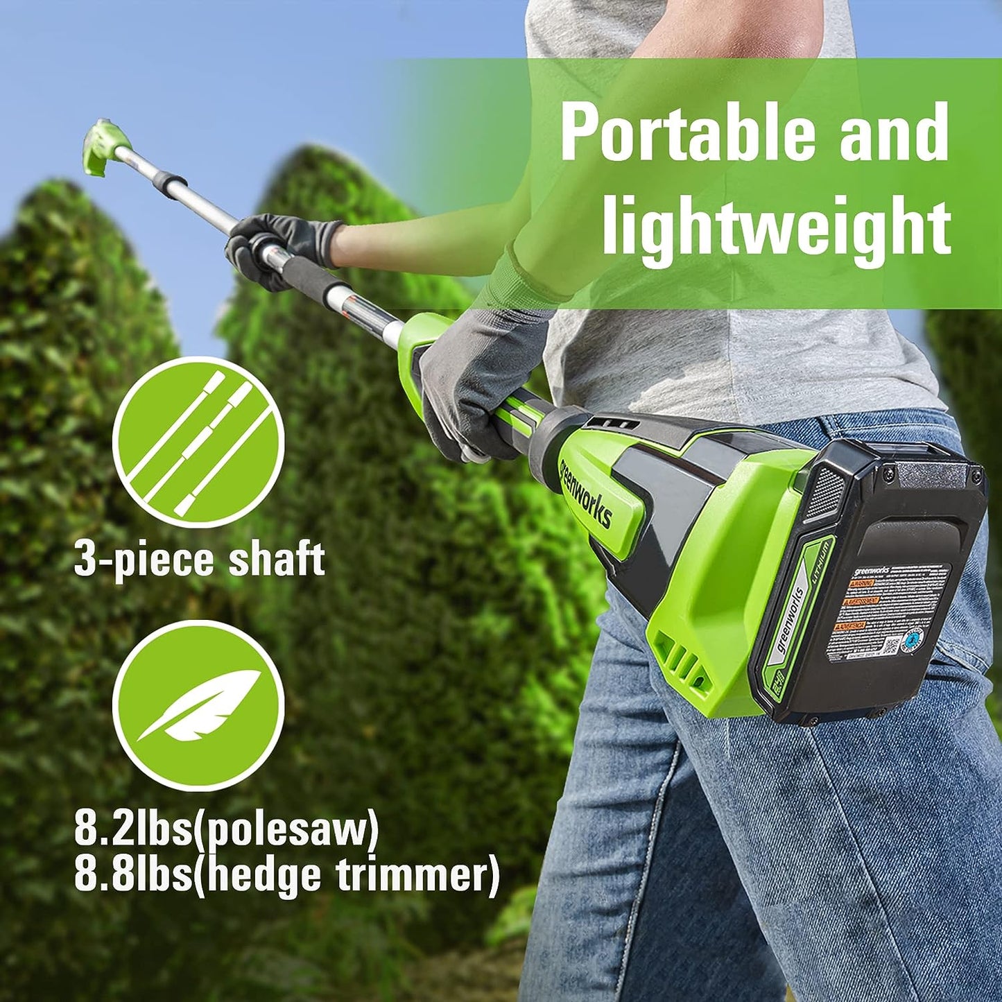 Greenworks 24V 8"  Polesaw + 20" Pole Hedge Trimmer Combo, Battery and Charger - Retail $199