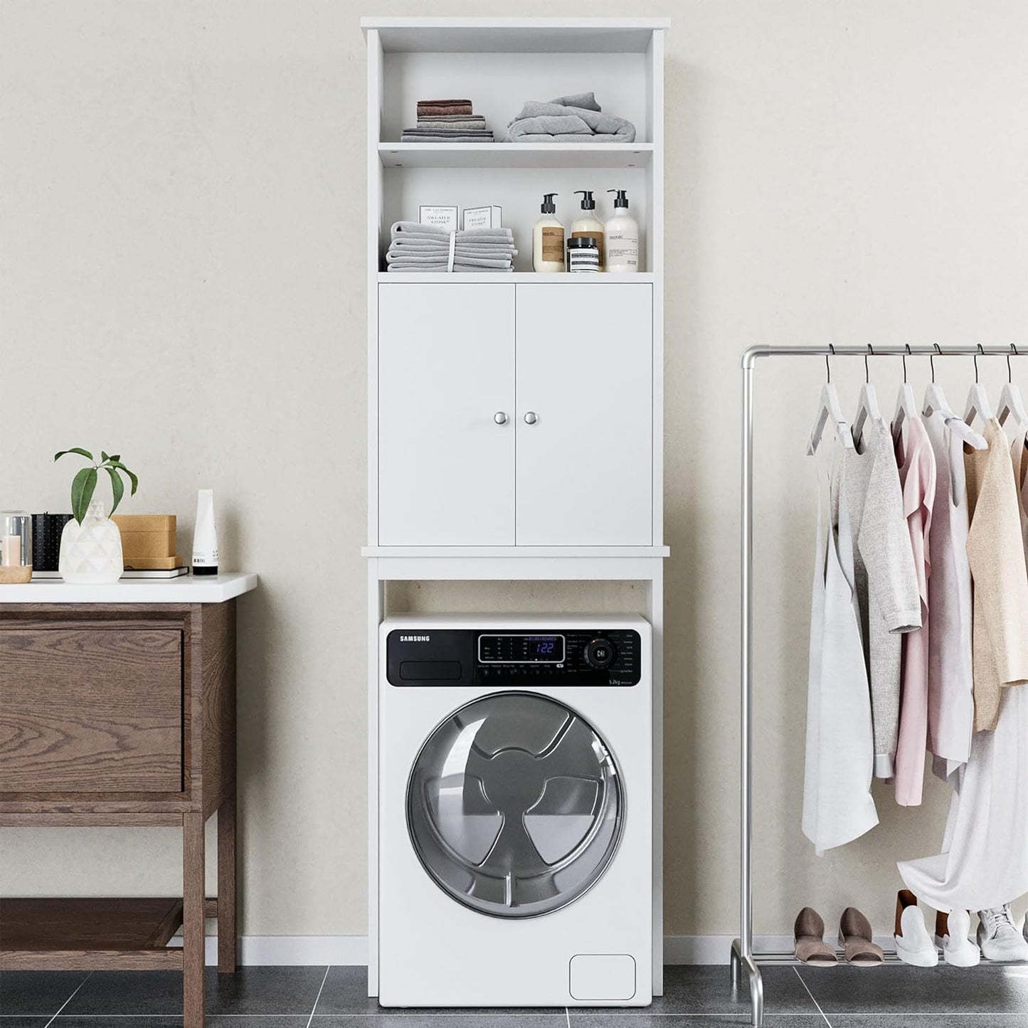 Shintenchi Over The Toilet Storage Cabinet, Bathroom Above The Toilet Rack, Bathroom Adjustable Shelf Organizer with Open Bottom Bar and Anti-Tip Device, White - Retail $81