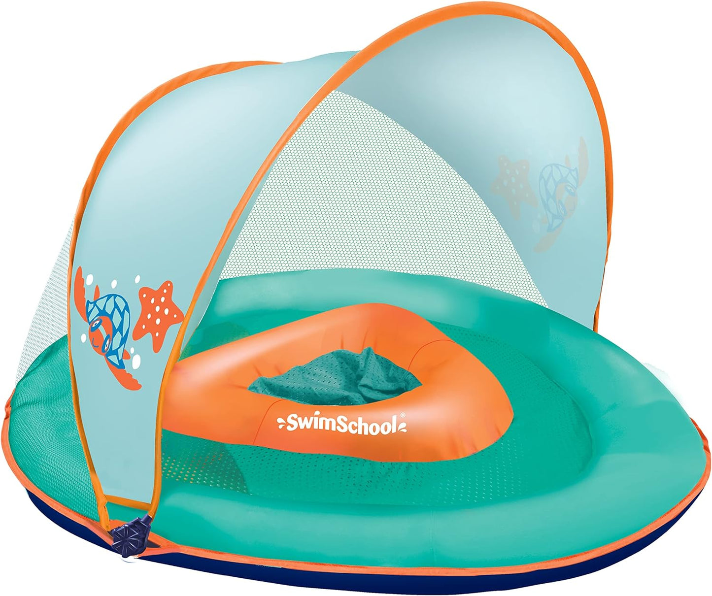 NEW - SwimSchool Infant Baby Pool Float with Splash & Play Activity Toys, Adjustable Sun Canopy, Safety Seat, Infant Baby Floatie, 6 - 24 Months- Seafoam/Orange - Retail $28