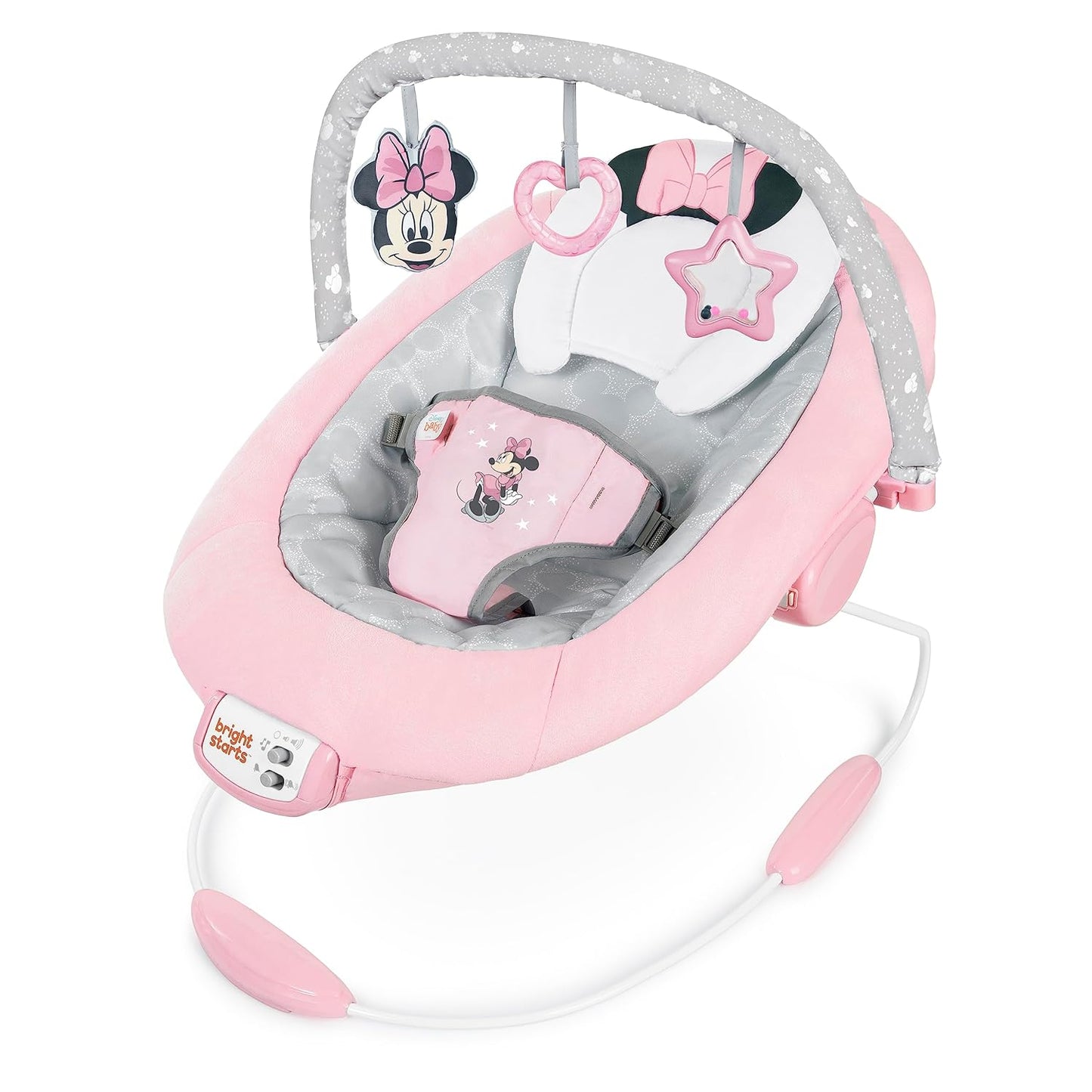 NEW - Bright Starts Disney Baby MINNIE MOUSE Comfy Baby Bouncer Soothing Vibrations Infant Seat - Music, Removable-Toy Bar, 0-6 Months Up to 20 lbs (Rosy Skies) - Retail $48