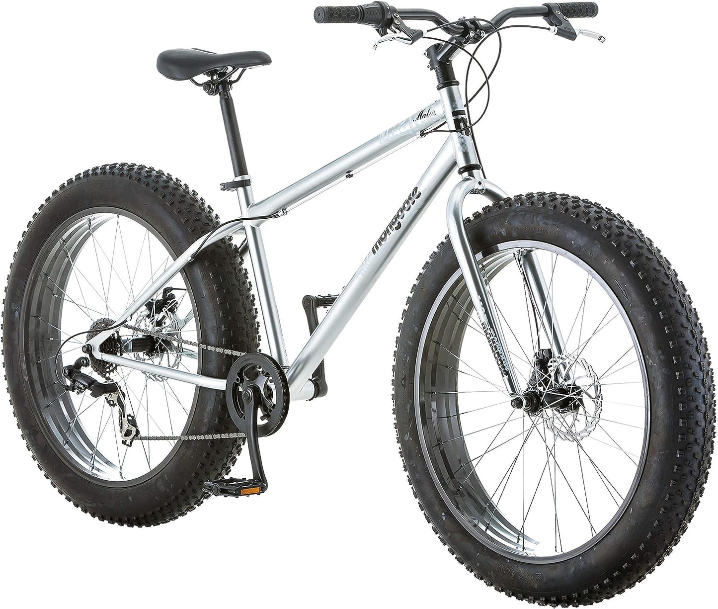 NEW - Mongoose Malus Mens and Womens Fat Tire Mountain Bike, 26-Inch Bicycle Wheels, 4-Inch Wide Knobby Tires, Steel Frame, 7 Speed Drivetrain Bicycle, Shimano Rear Derailleur, Disc Brakes, Silver/Black - Retail $412