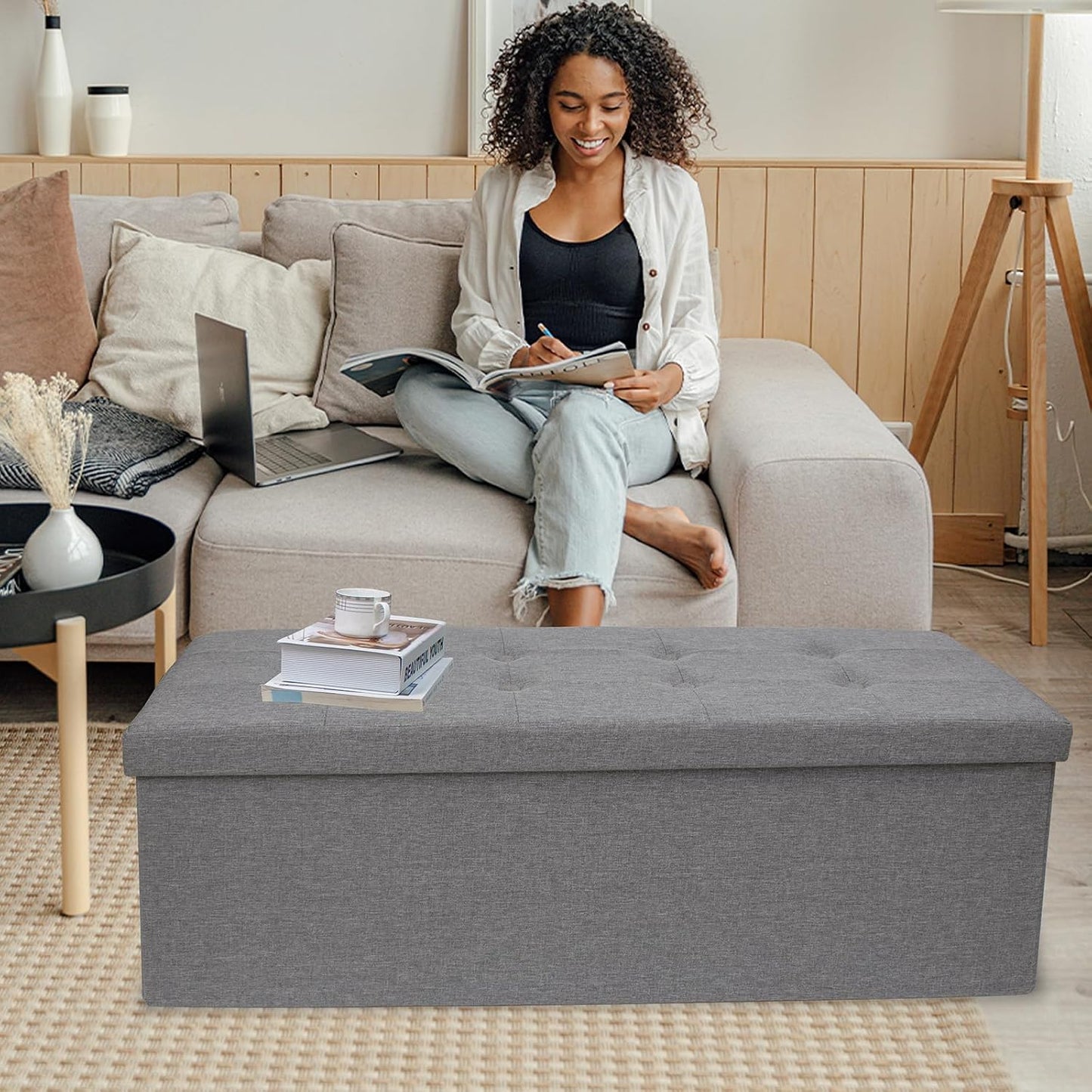 GLAXYFUR 43.3 inches Folding Storage Ottoman Bench Storage Chest Footrest for Bedroom, Entryway and Living Room, Holds up to 660 lb Dark Grey - Retail $45