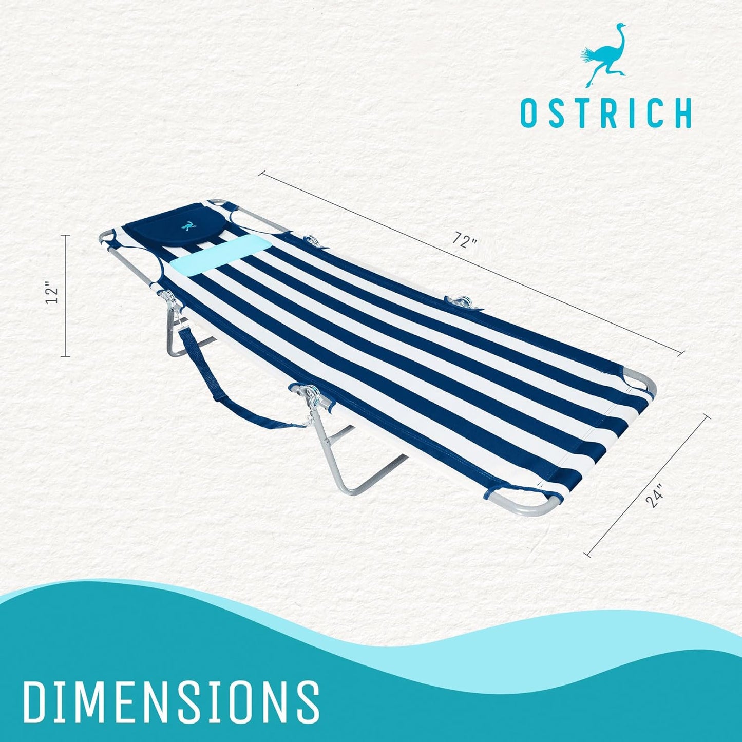 NEW - Ostrich LCL-1006S LCL Ladies Comfort Lounger For Sunbathing With Arm Rest, Foldable, Blue and White Striped, 72 in. L x 24 in. W x 12 in. H - Retail $74