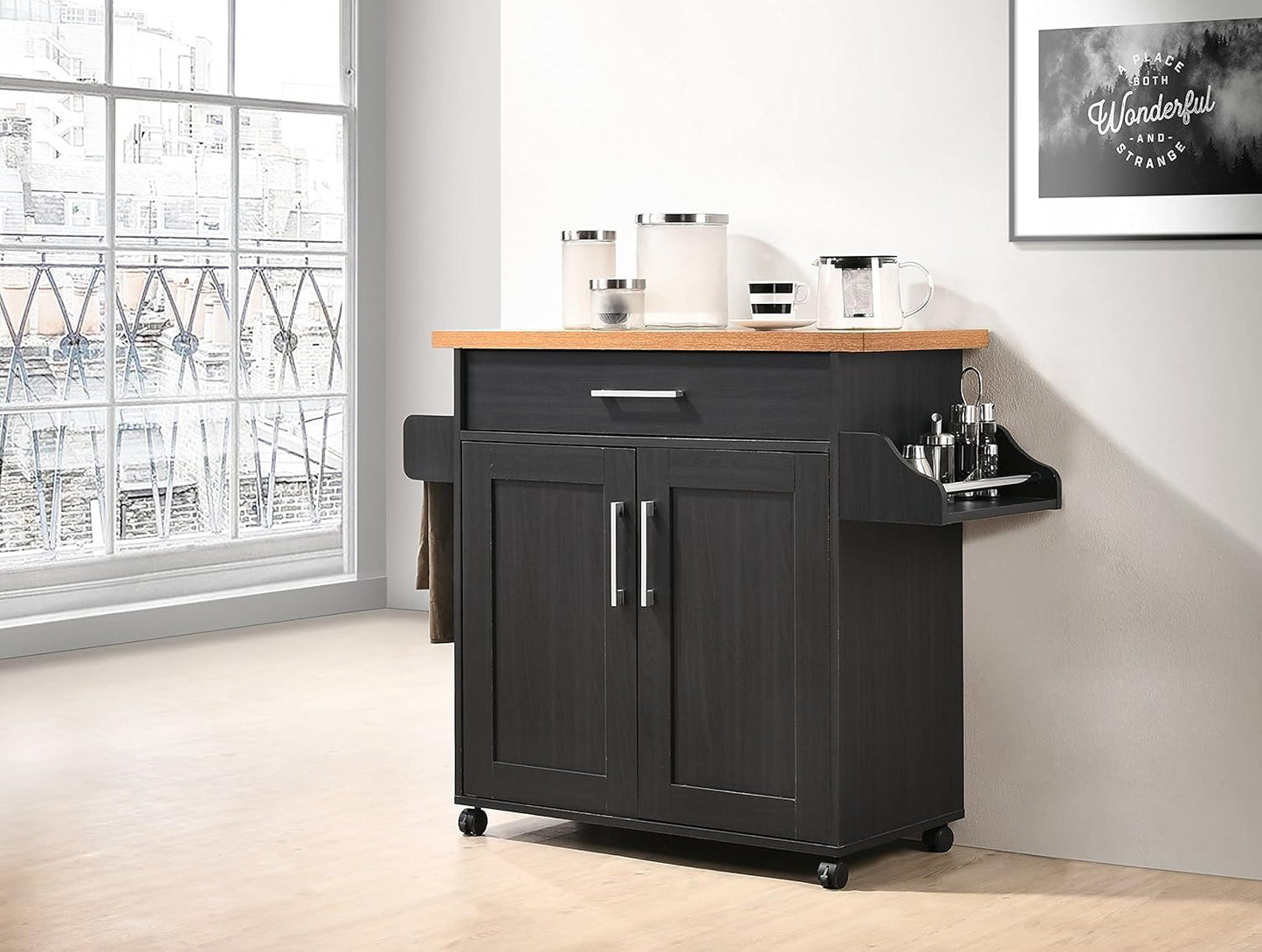 NEW - Hodedah Kitchen Island with Spice Rack, Towel Rack & Drawer, Black with Beech Top - Retail $229