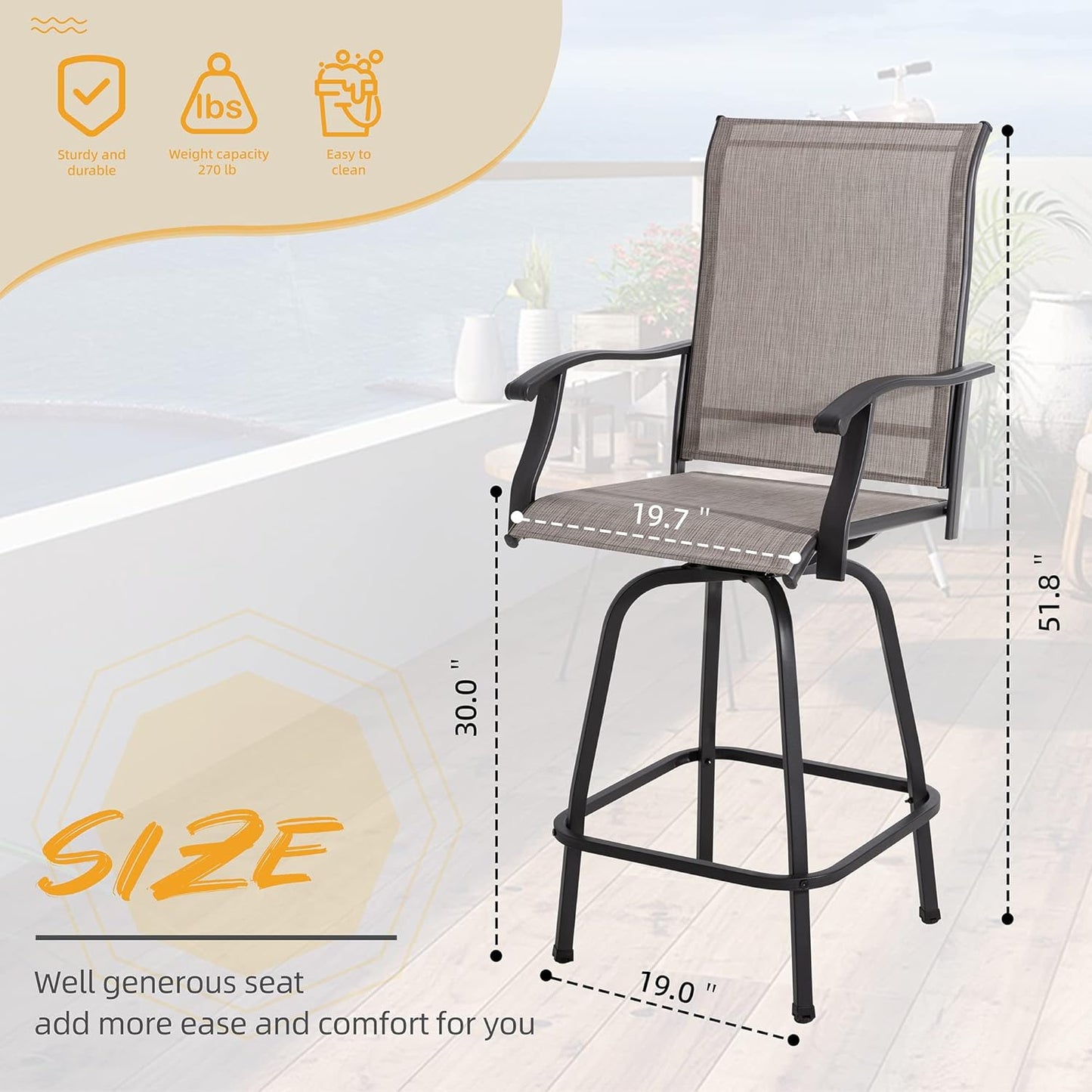 NEW - Shintenchi 2 Piece Patio Swivel Bar Stools, Outdoor Height Bar Patio Stools& Bar Chairs Set of 2 with High Back, All-Weather Textile Outdoor High Top Bistro Chairs for Yard,Balcony,Deck - Retail $159