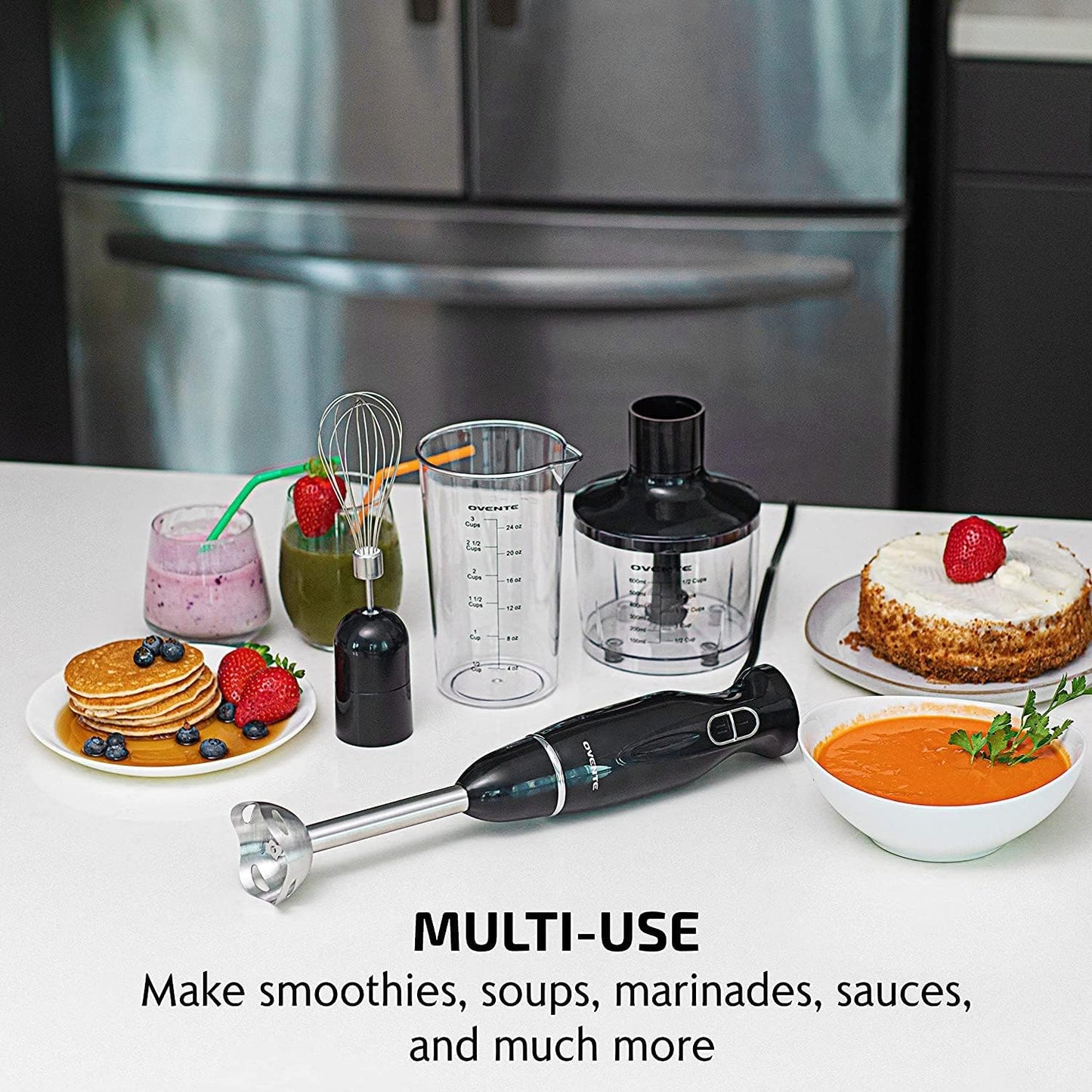 OVENTE Immersion Hand Blender, 300W Electric Handheld Portable Stick Mixer Set with 2 Mixing Speed, Stainless Steel Blades, Egg Whisk Attachment, Mixing Beaker and BPA-Free Food Chopper, Black HS565B
