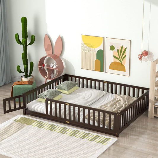 NEW - Dolonm QUEEN Size Montessori Bed, Toddler Floor Bed for Kids, Floor Platform Bed with Fence Guardrails and Door, Montessori Floor Bed Frame, Wooden Floor Bed Toddler, Espresso