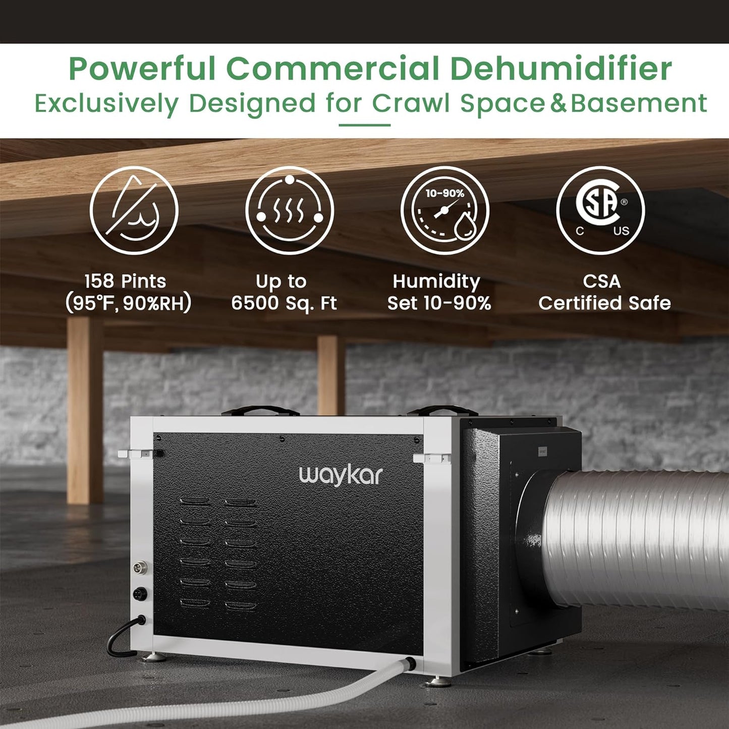 NEW - Waykar 158 Pints Crawl Space Dehumidifier, Commercial Dehumidifier with Wired Remote Control, Auto Defrosting, Industrial Dehumidifier with Carrying Handle for Basement and Whole House. - Retail $669