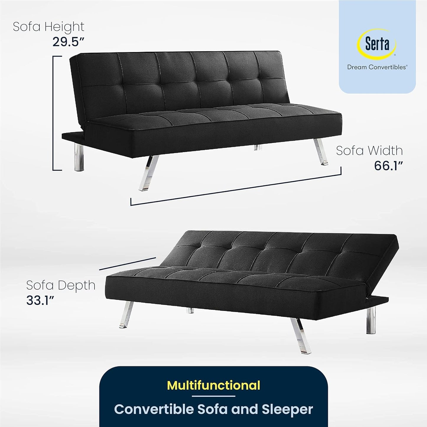 NEW in Box - Serta Rane Convertible Sofa Bed, 66.1" W x 33.1" D x 29.5" H, Black - Retail $133