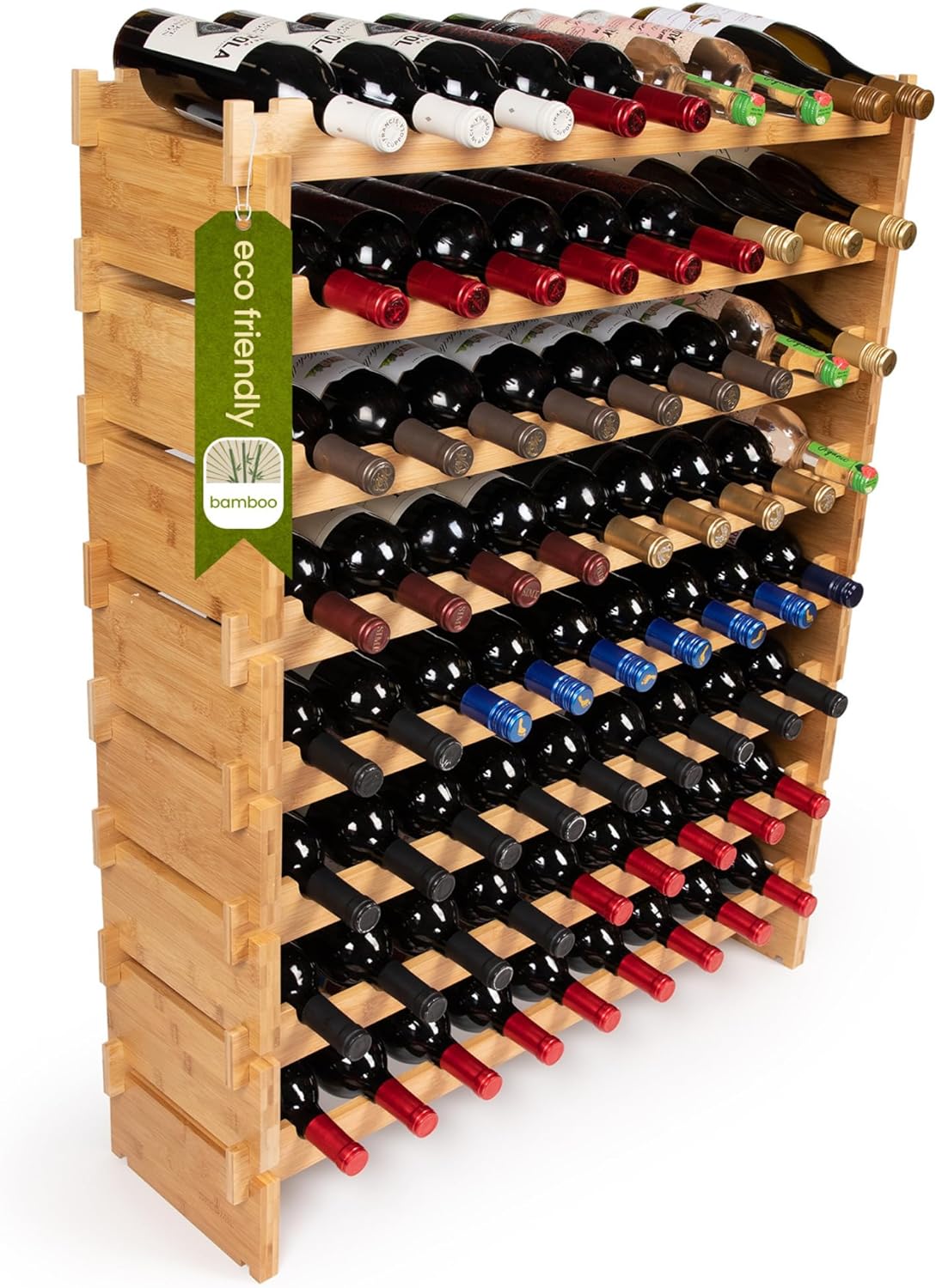 DECOMIL - 72 Bottle Stackable Modular Wine Rack Wine Storage Rack Solid Bamboo Wine Holder Display Shelves, Wobble-Free (Eight-Tier, 72 Bottle Capacity) - Retail $109