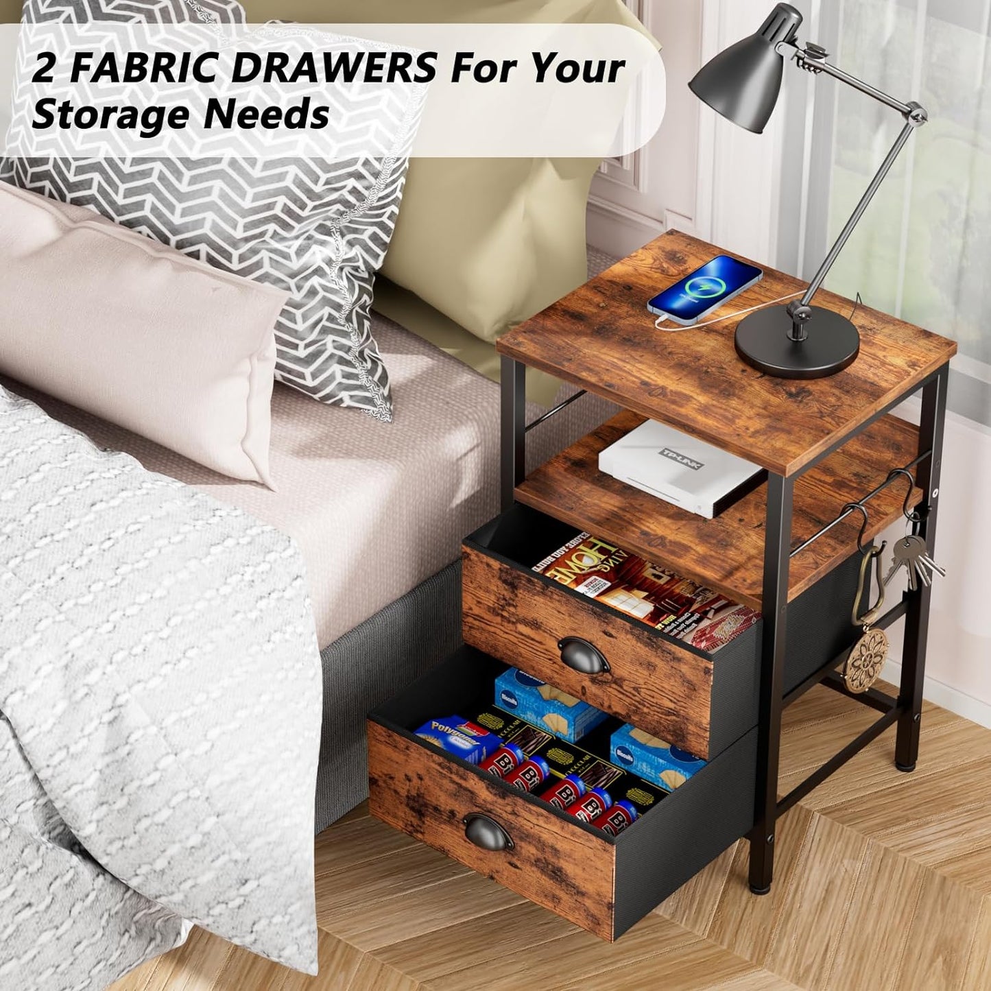 Furologee Nightstand Set of 2, Rustic Brown, with Charging Station and USB Ports, Side Tables with 2 Fabric Drawers, Bedside Tables with Storage Shelf & Hooks, for Living Room/Bedroom - Retail $109