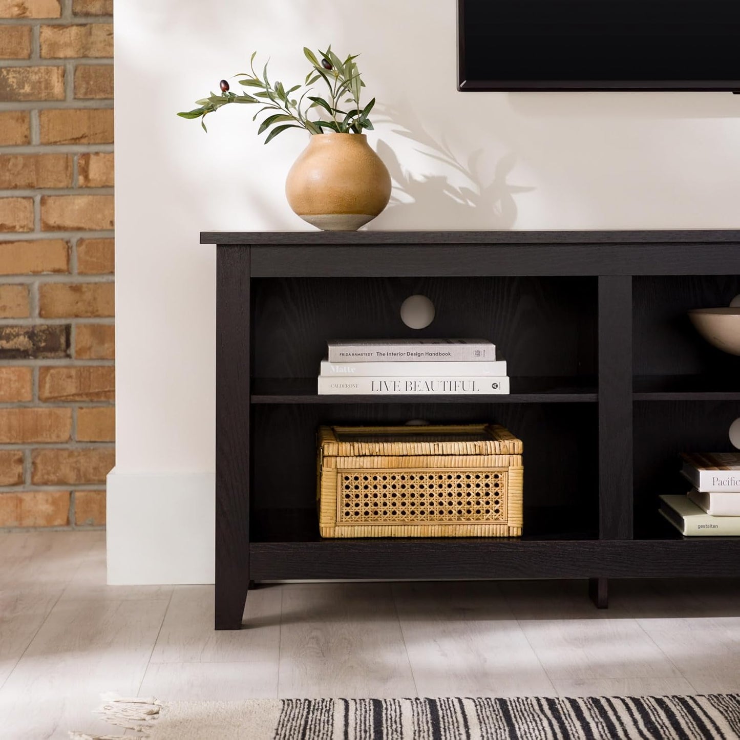 Damage - Walker Edison Wren Classic 6 Cubby TV Stand for TVs up to 80 Inches, 70 Inch, Black