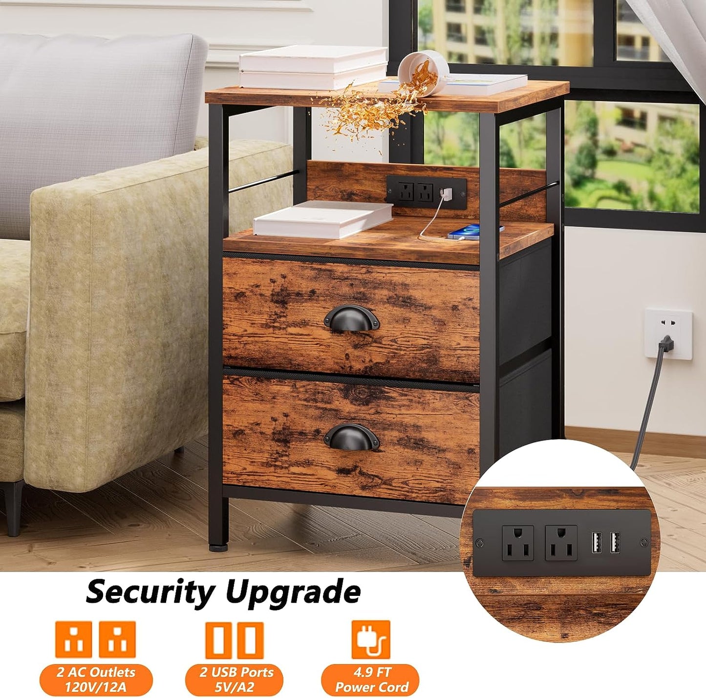 Furologee Nightstand Set of 2, Rustic Brown, with Charging Station and USB Ports, Side Tables with 2 Fabric Drawers, Bedside Tables with Storage Shelf & Hooks, for Living Room/Bedroom - Retail $109