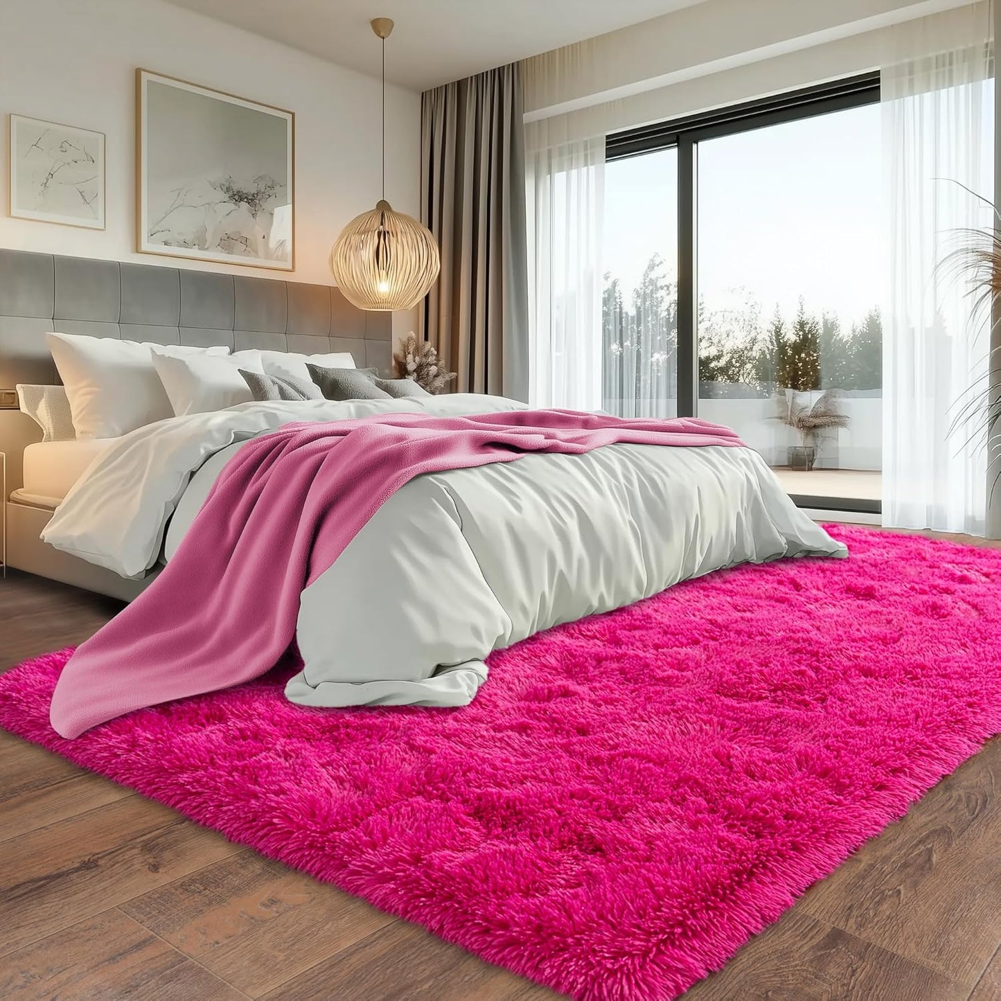Hot Pink Fluffy Rug for Bedroom 5x7 ft - Ultra Soft & Non Slip Shaggy Area Rug, Comfy Girls Room Carpet for Living Room Kids Room Teens Dorm Home Decor, 1.7'' Thick Indoor Plush Carpets