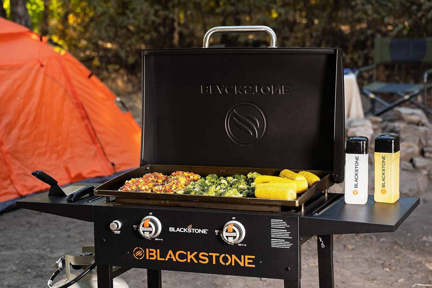 NEW - Blackstone 1883 Original 28” Griddle with Integrated Protective Hood and Counter Height Side Shelves, Powder Coated Steel, Black - Retail $370