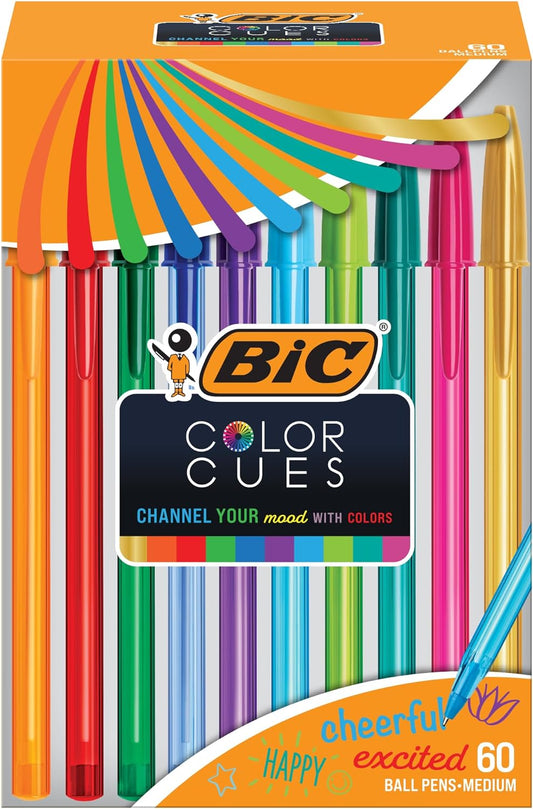 BIC Color Cues Pen Set, 60-Count Pack, Assorted Colors, Fun Color Pens for School Supplies, Includes BIC Cristal Xtra Smooth Ballpoint Pens