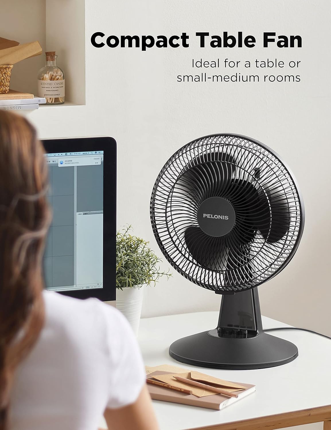 NEW - PELONIS Table Fan 12-Inch Oscillating Table Fan Small Portable Electric Plug-In Desk Fan 3-Speeds Adjustable Tilt Head for Bedroom and Office Black - Retail $29