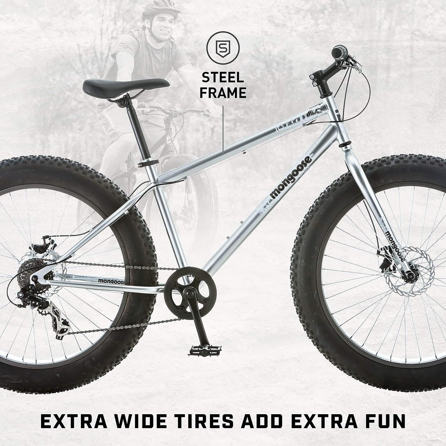 NEW - Mongoose Malus Mens and Womens Fat Tire Mountain Bike, 26-Inch Bicycle Wheels, 4-Inch Wide Knobby Tires, Steel Frame, 7 Speed Drivetrain Bicycle, Shimano Rear Derailleur, Disc Brakes, Silver/Black - Retail $412